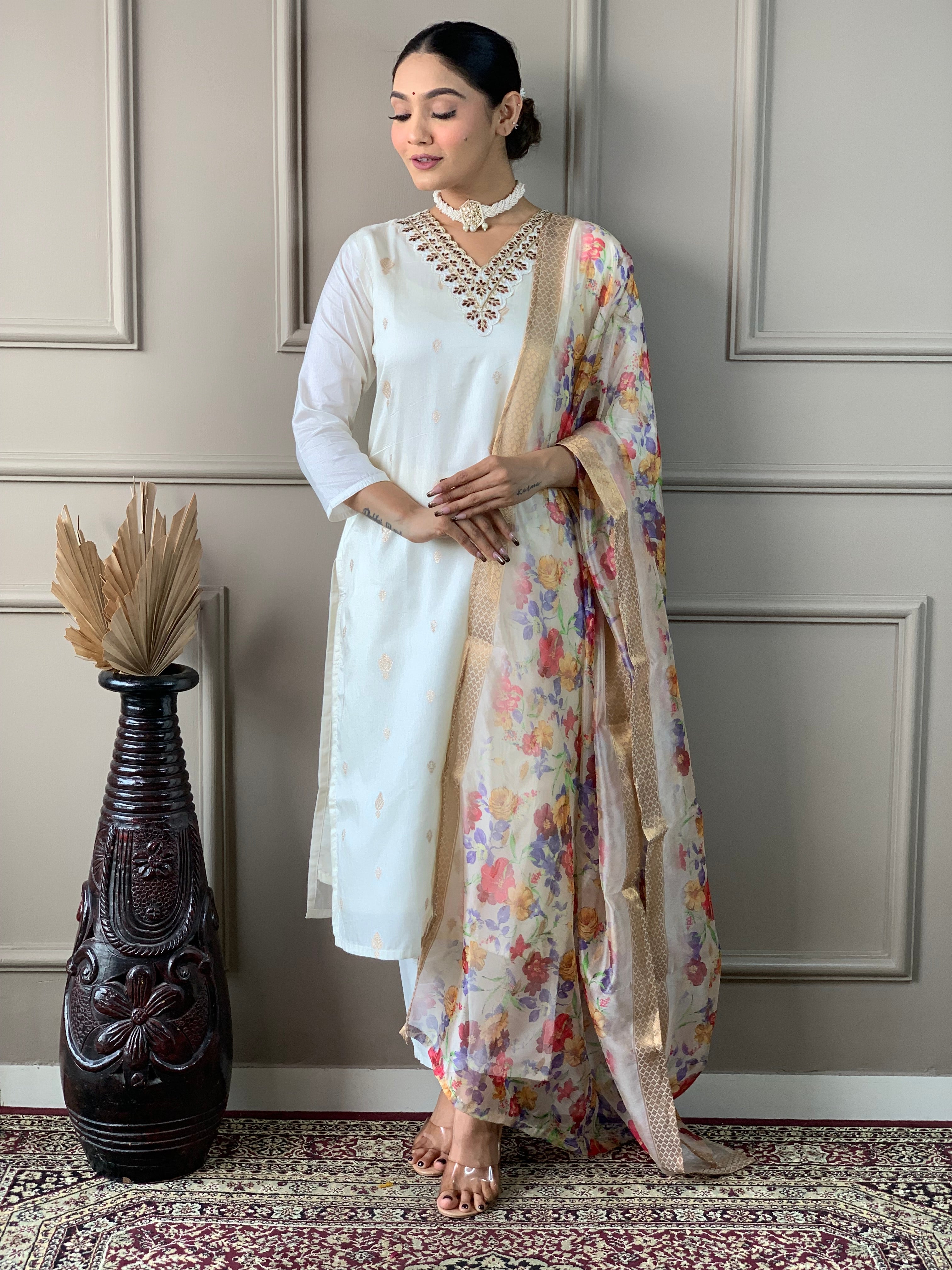 Women's Embroidered Straight Kurta with Viscose nylon Pant &  Jacquard butti Printed Dupatta Set