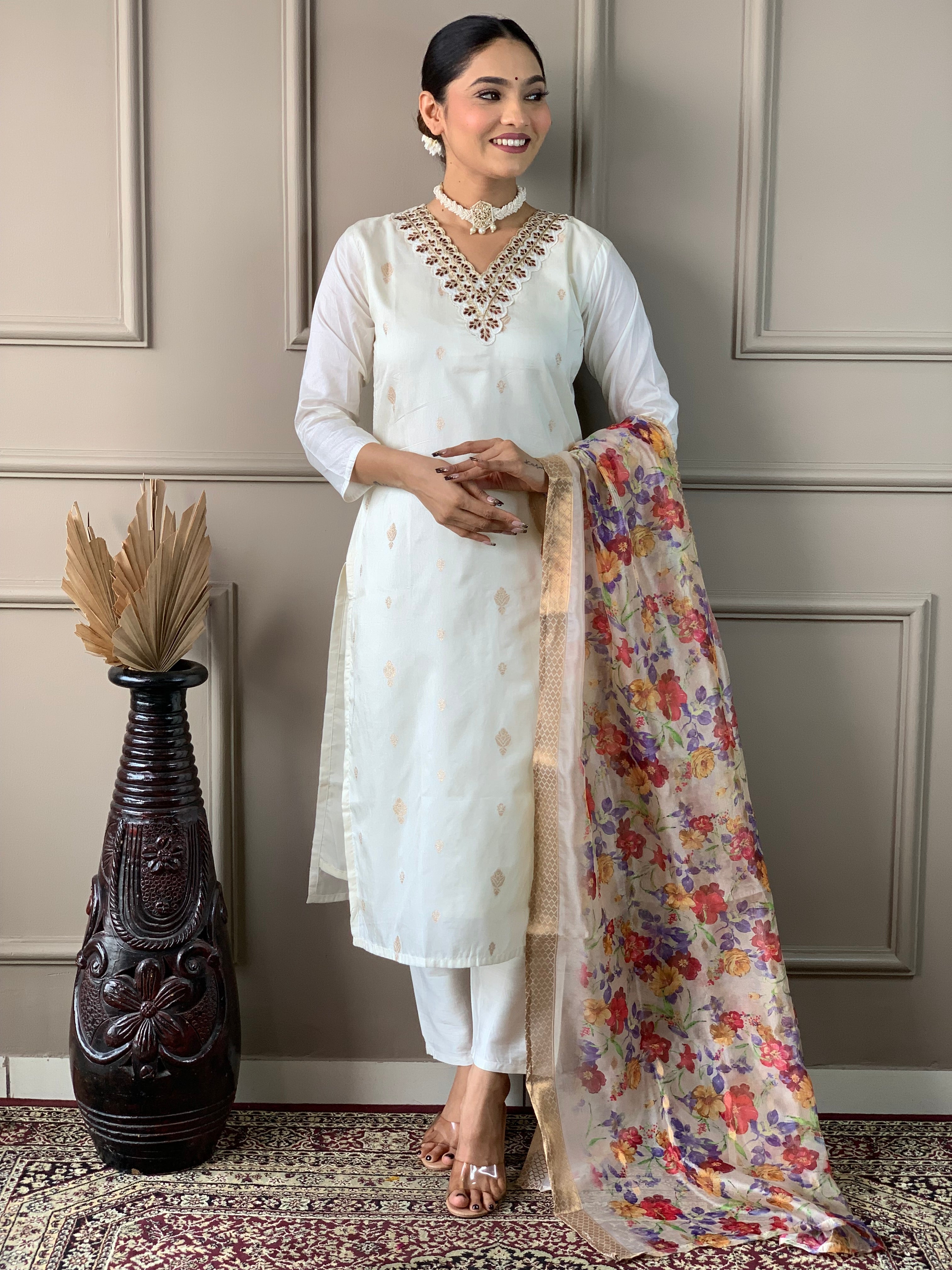 Women's Embroidered Straight Kurta with Viscose nylon Pant &  Jacquard butti Printed Dupatta Set