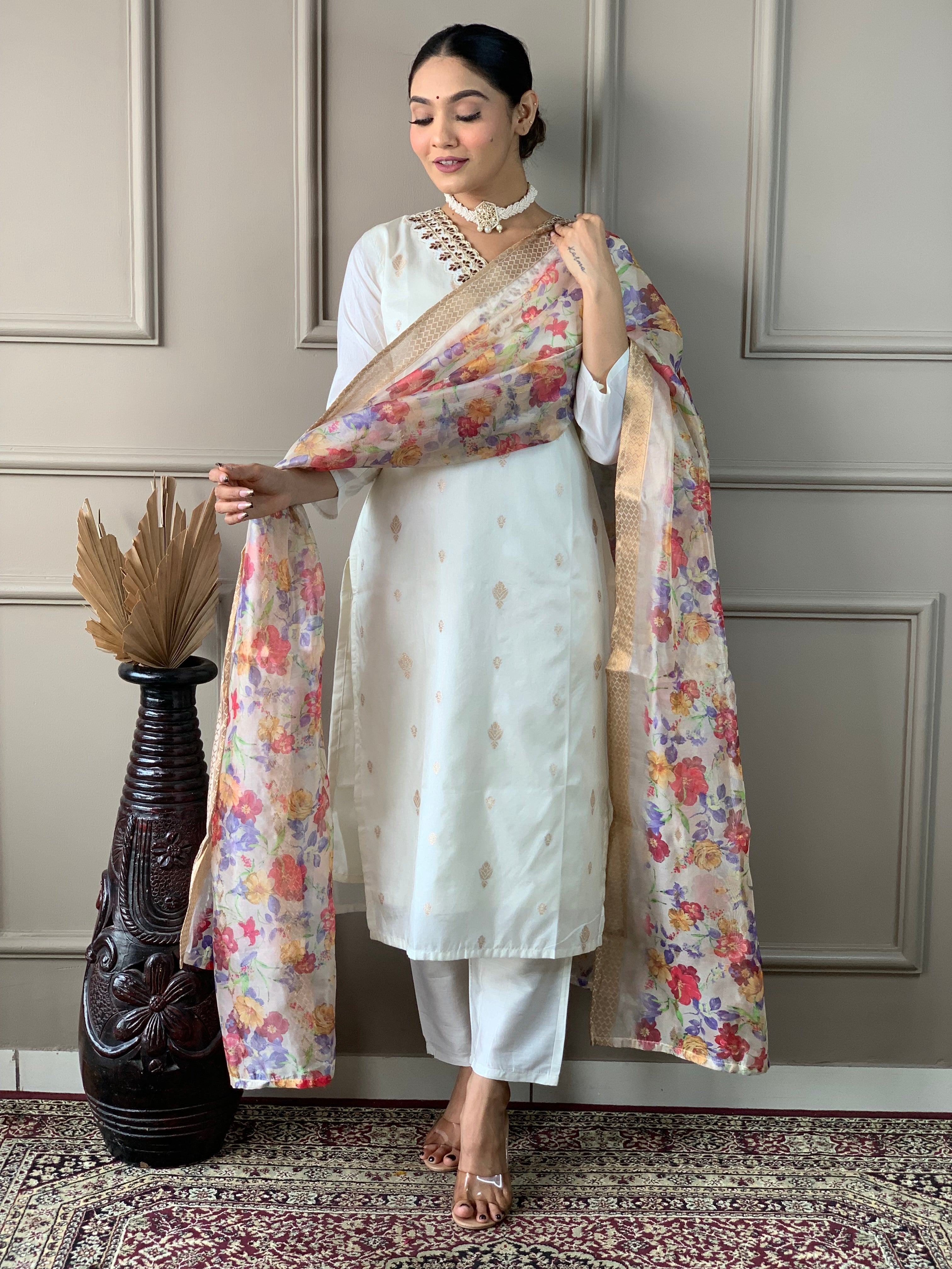 Women's Embroidered Straight Kurta with Viscose nylon Pant &  Jacquard butti Printed Dupatta Set