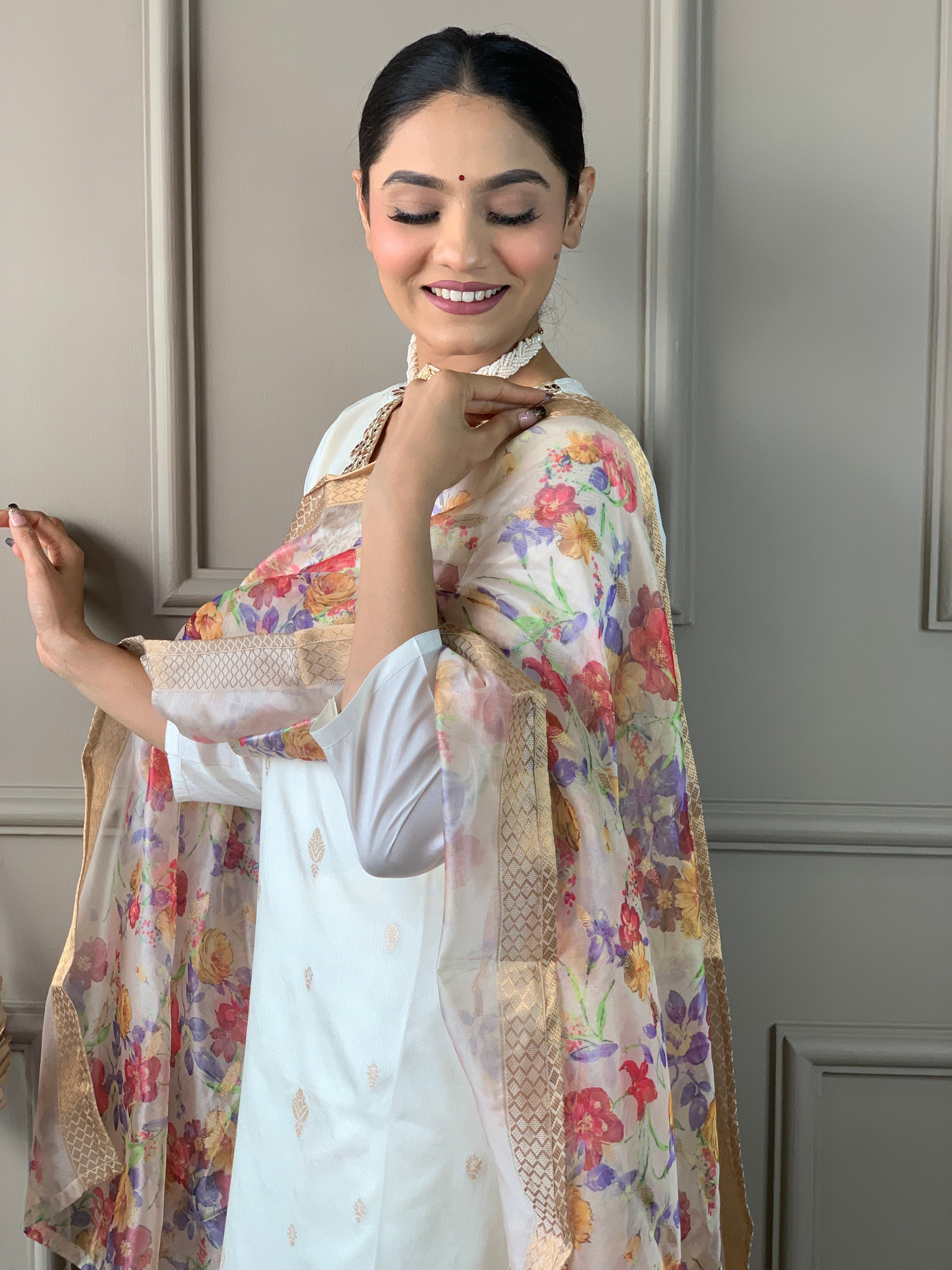 Women's Embroidered Straight Kurta with Viscose nylon Pant &  Jacquard butti Printed Dupatta Set