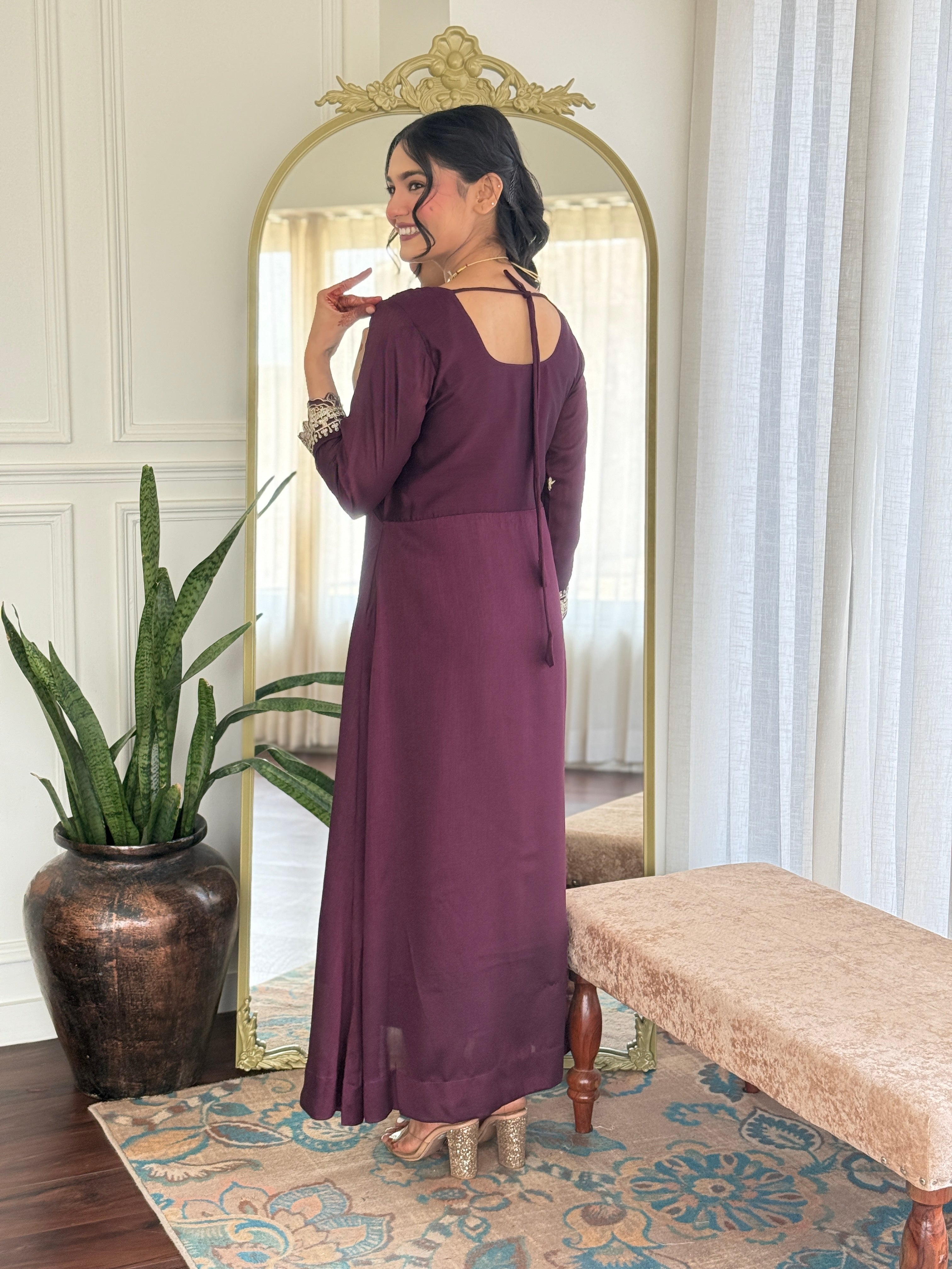 Women's Vichitra Silk Embroidered Anarkali style and Pant with Dupatta Set