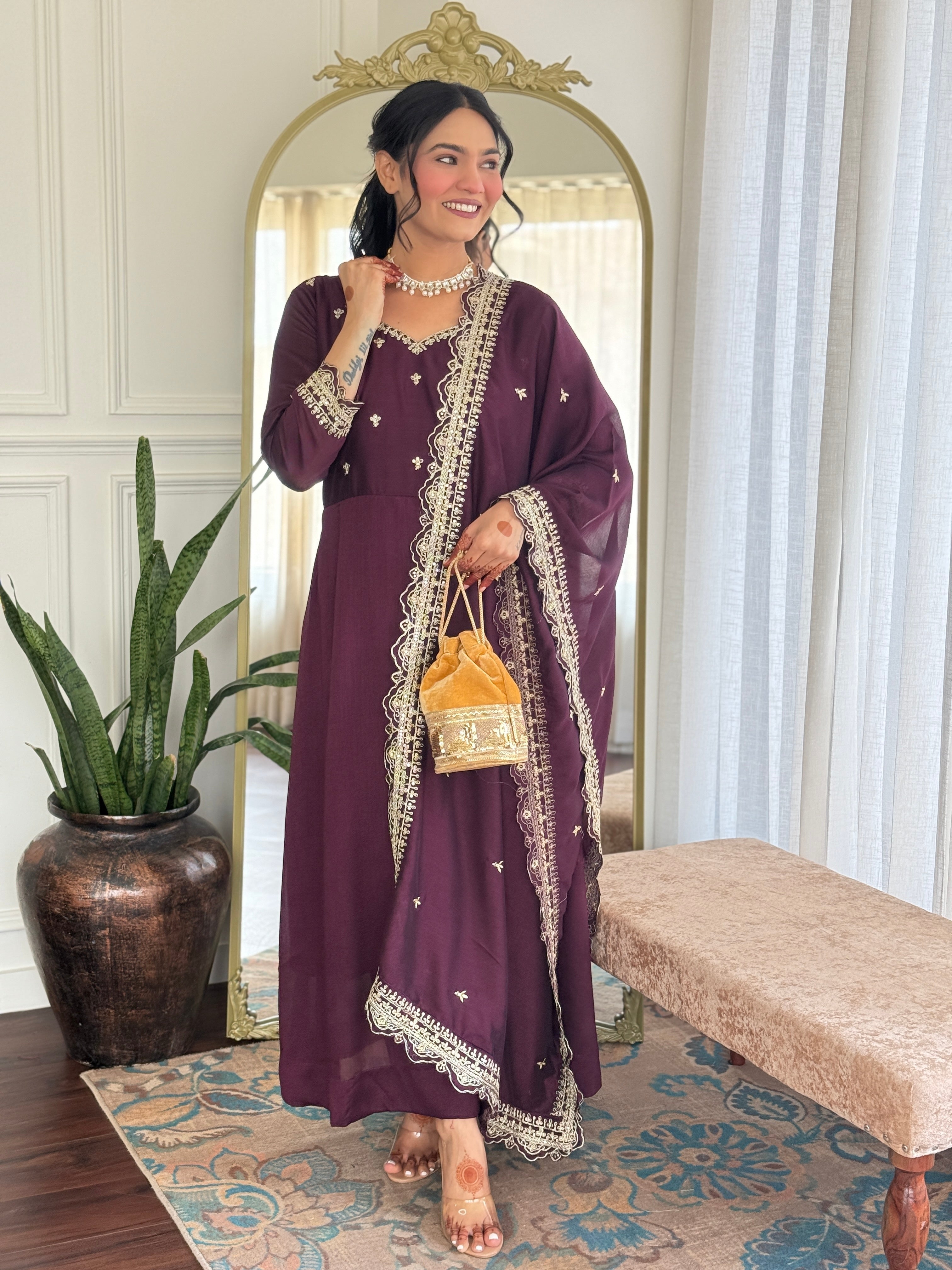Women's Vichitra Silk Embroidered Anarkali style and Pant with Dupatta Set