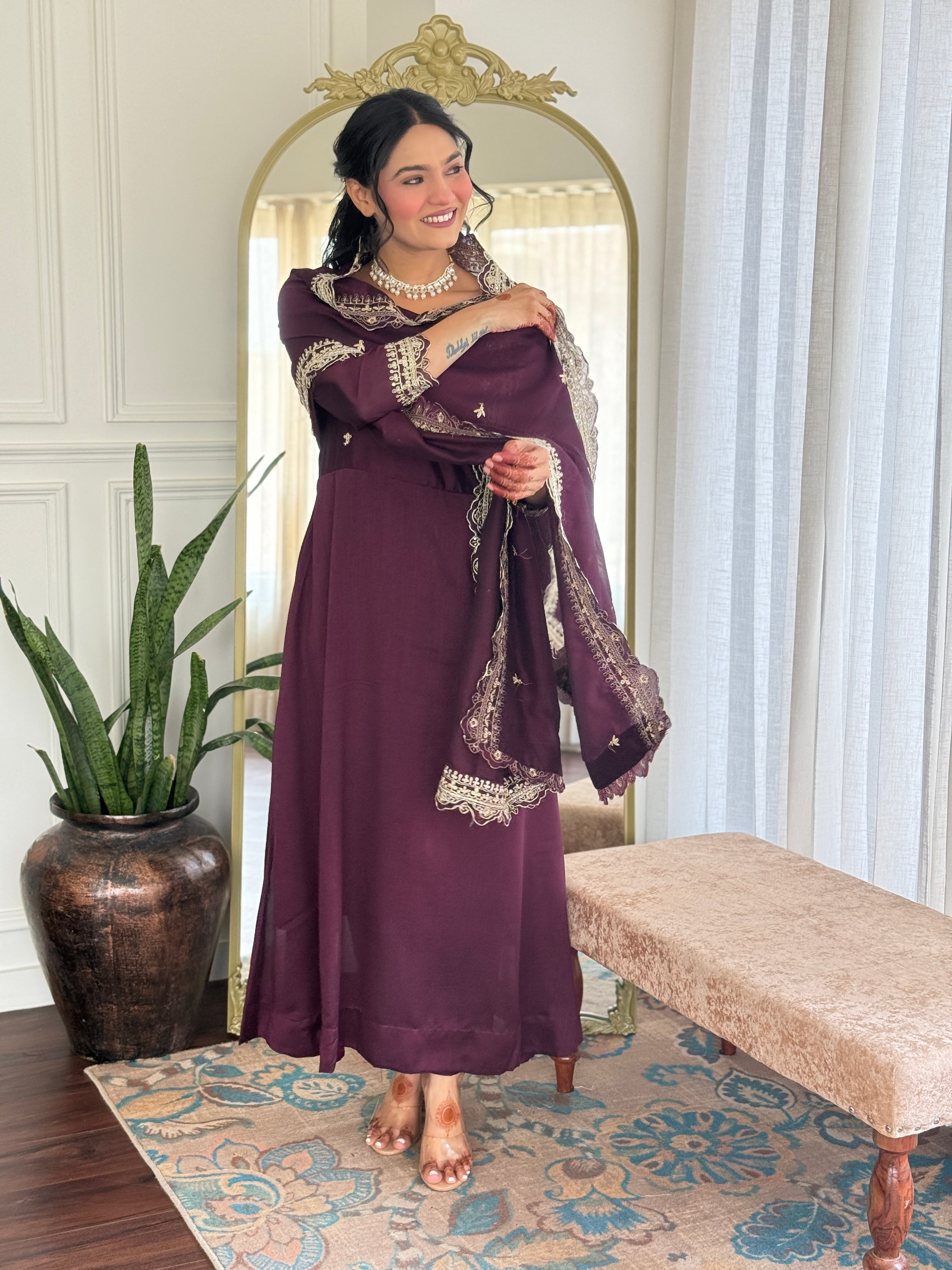 Women's Vichitra Silk Embroidered Anarkali style and Pant with Dupatta Set