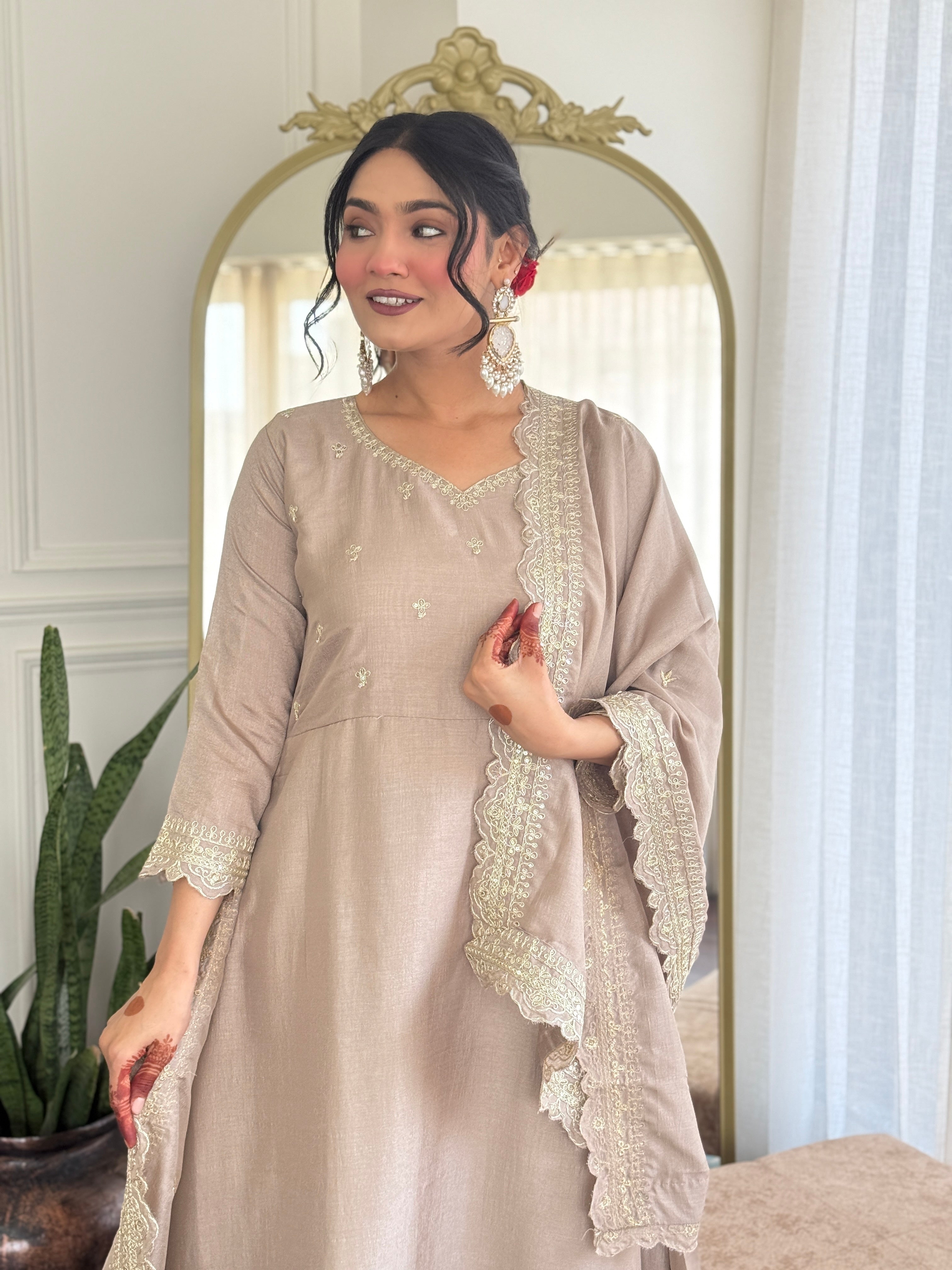 Women's Vichitra Silk Embroidered Anarkali style and Pant with Dupatta Set