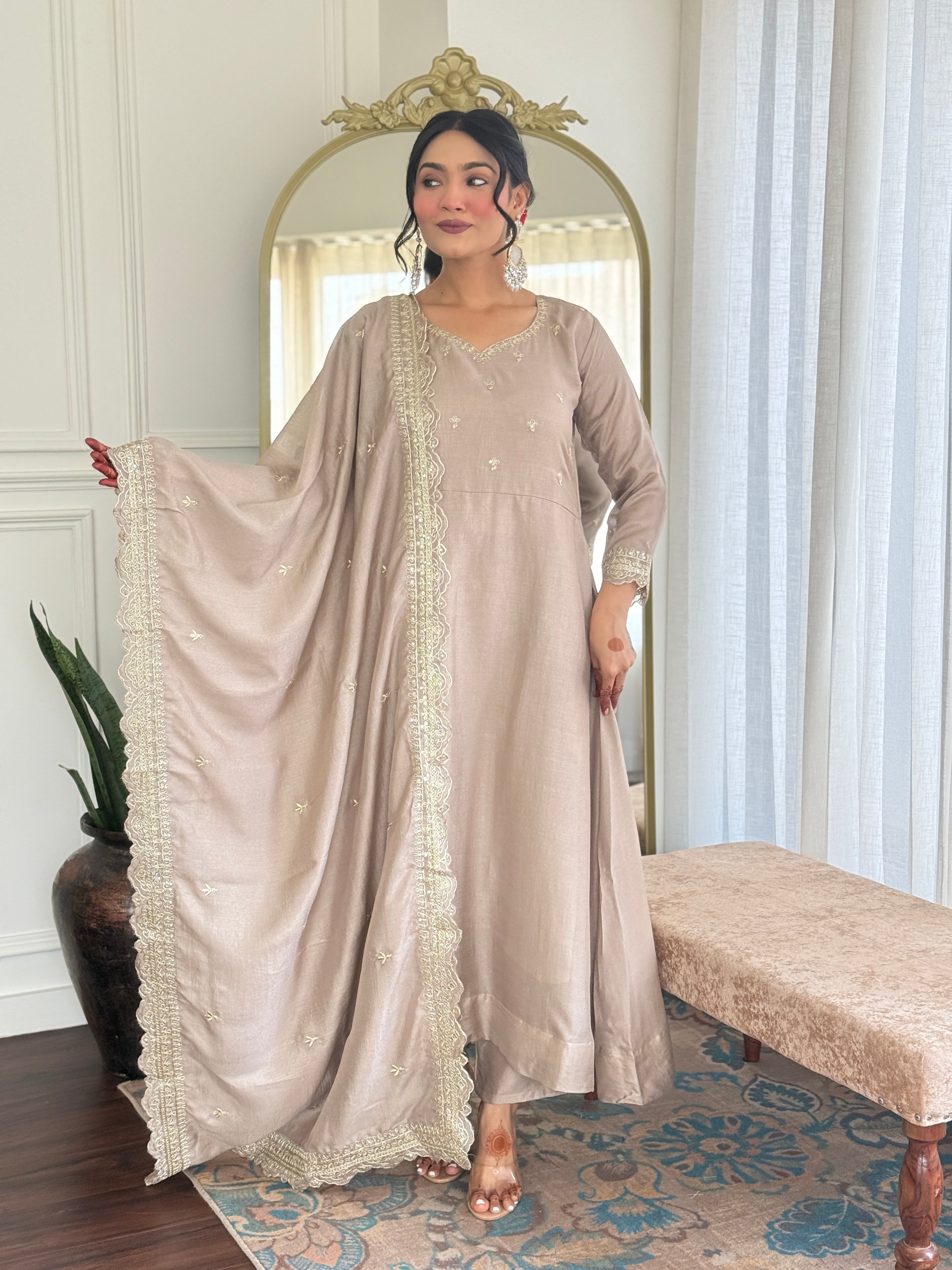 Women's Vichitra Silk Embroidered Anarkali style and Pant with Dupatta Set
