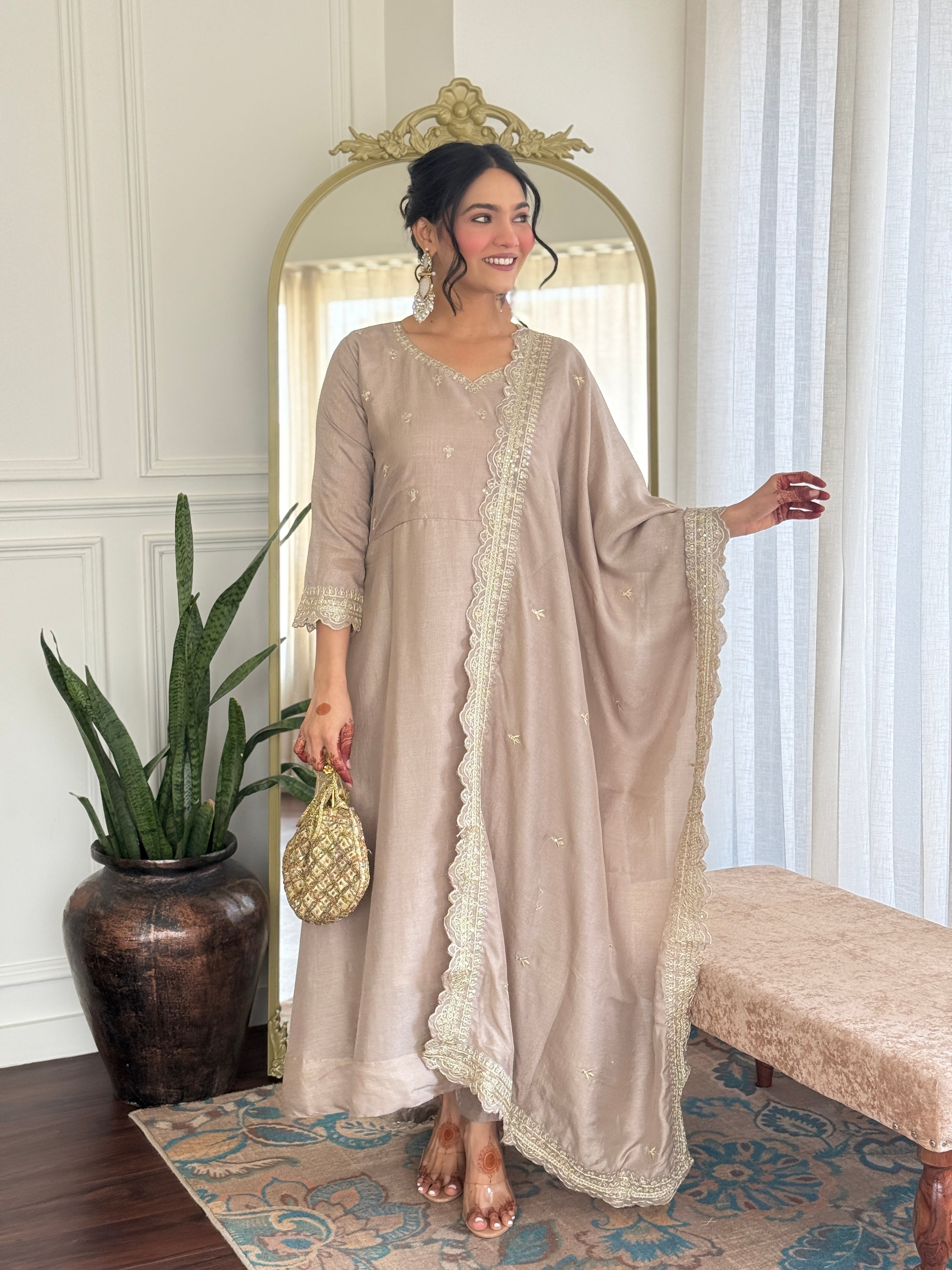 Women's Vichitra Silk Embroidered Anarkali style and Pant with Dupatta Set