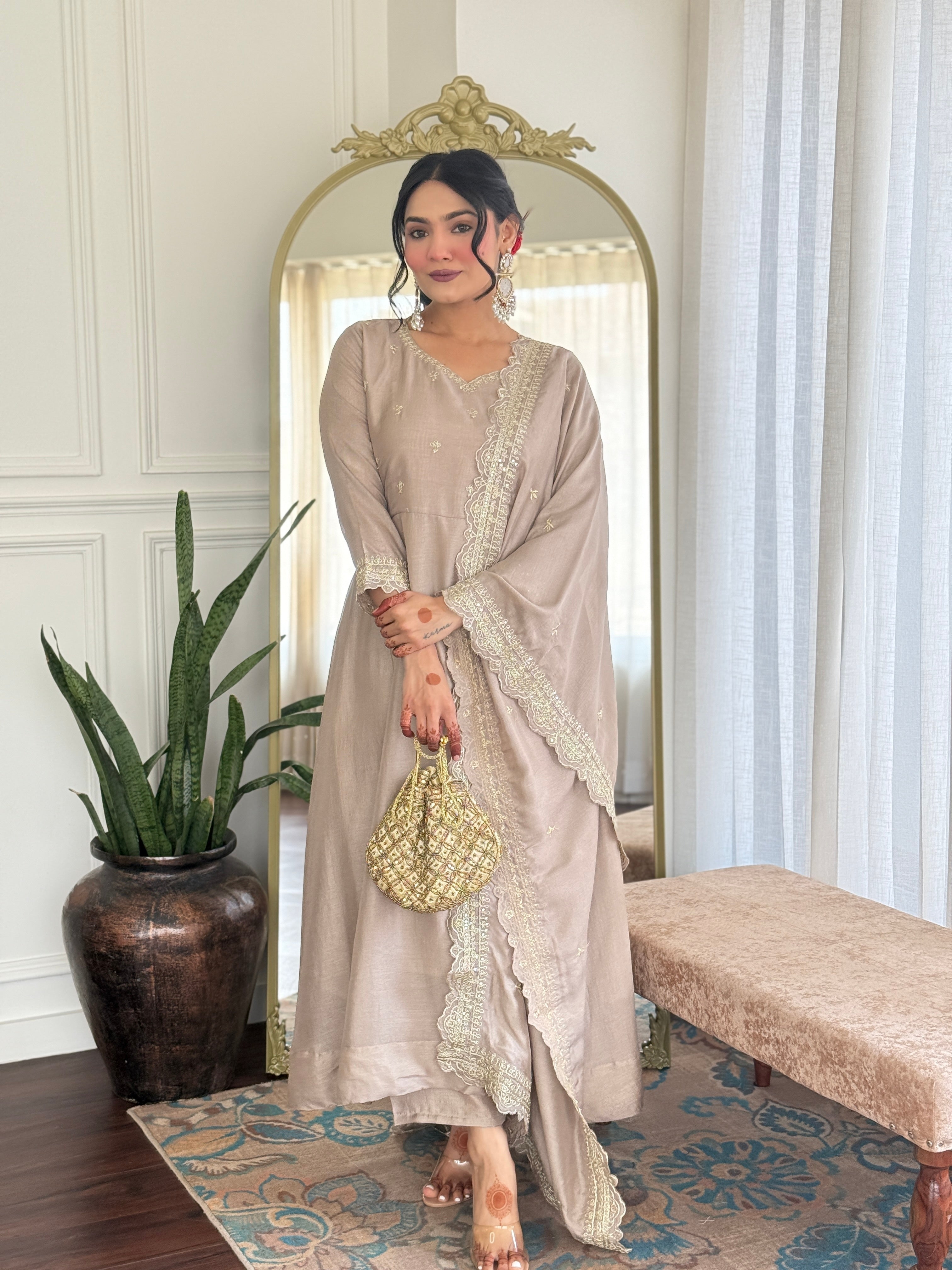 Women's Vichitra Silk Embroidered Anarkali style and Pant with Dupatta Set