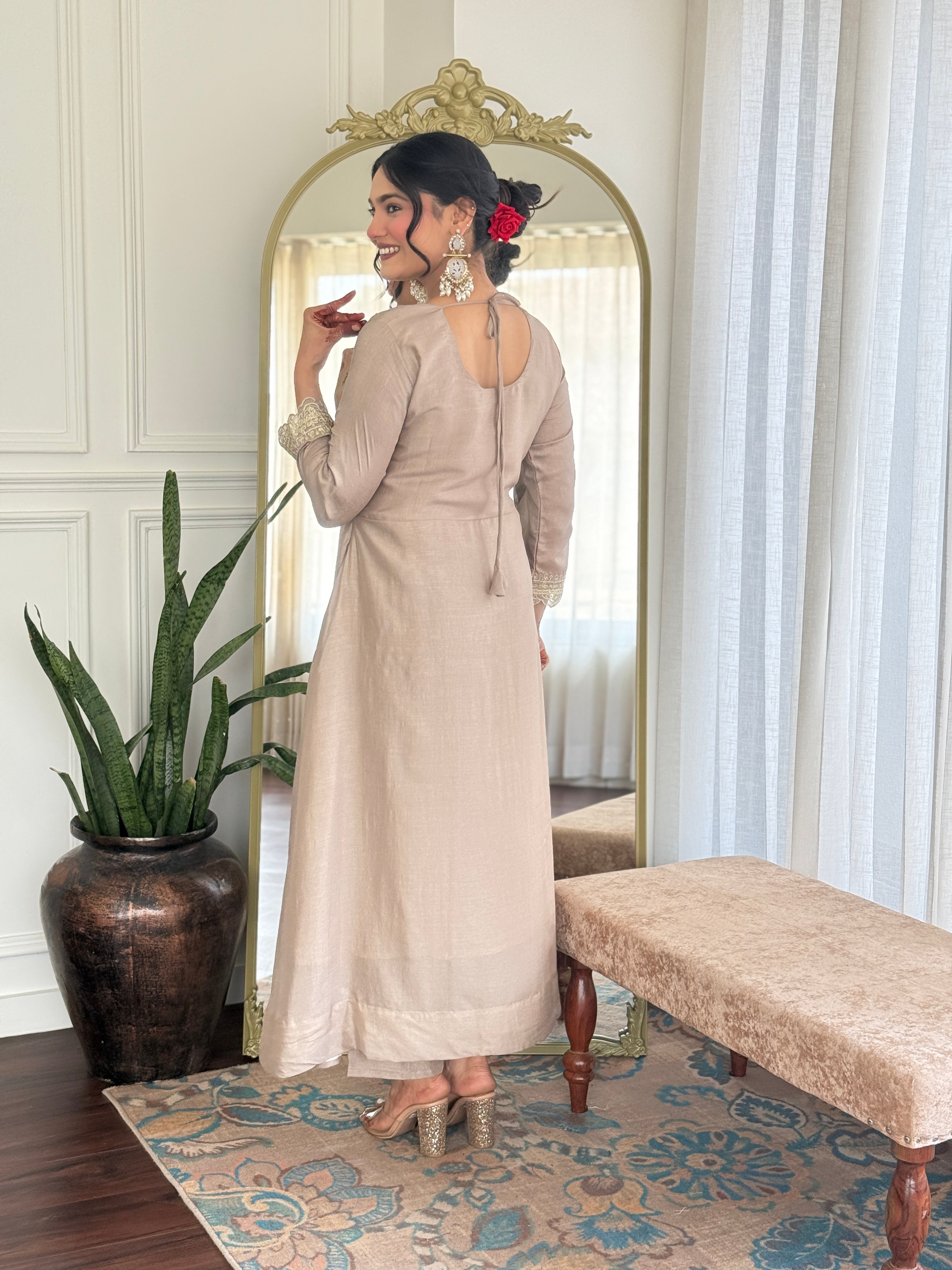 Women's Vichitra Silk Embroidered Anarkali style and Pant with Dupatta Set