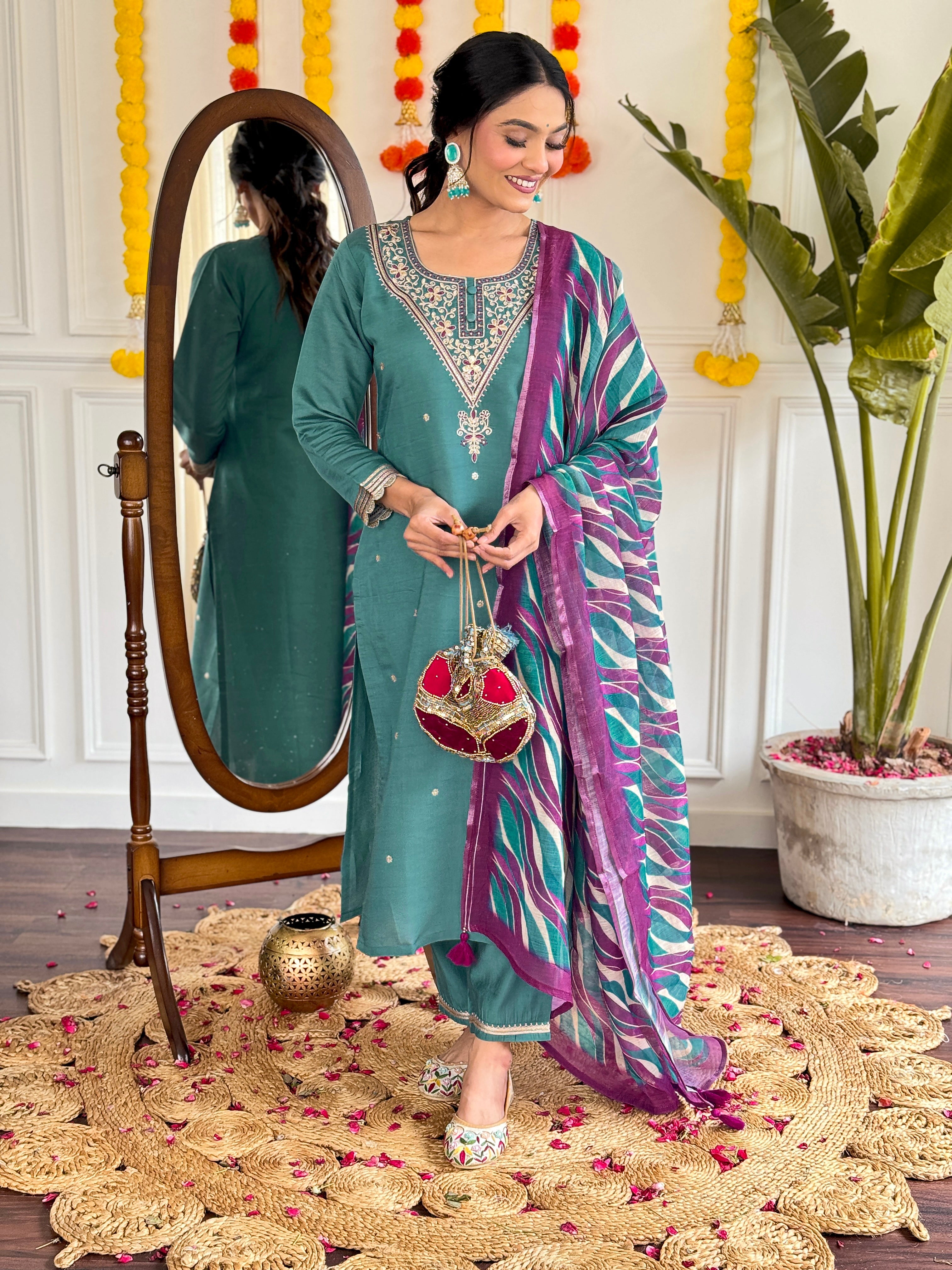 Women's White Viscose Chanderi Embroidered Straight Kurta with Viscose Chanderi Pant & Chanderi Printed Dupatta Set
