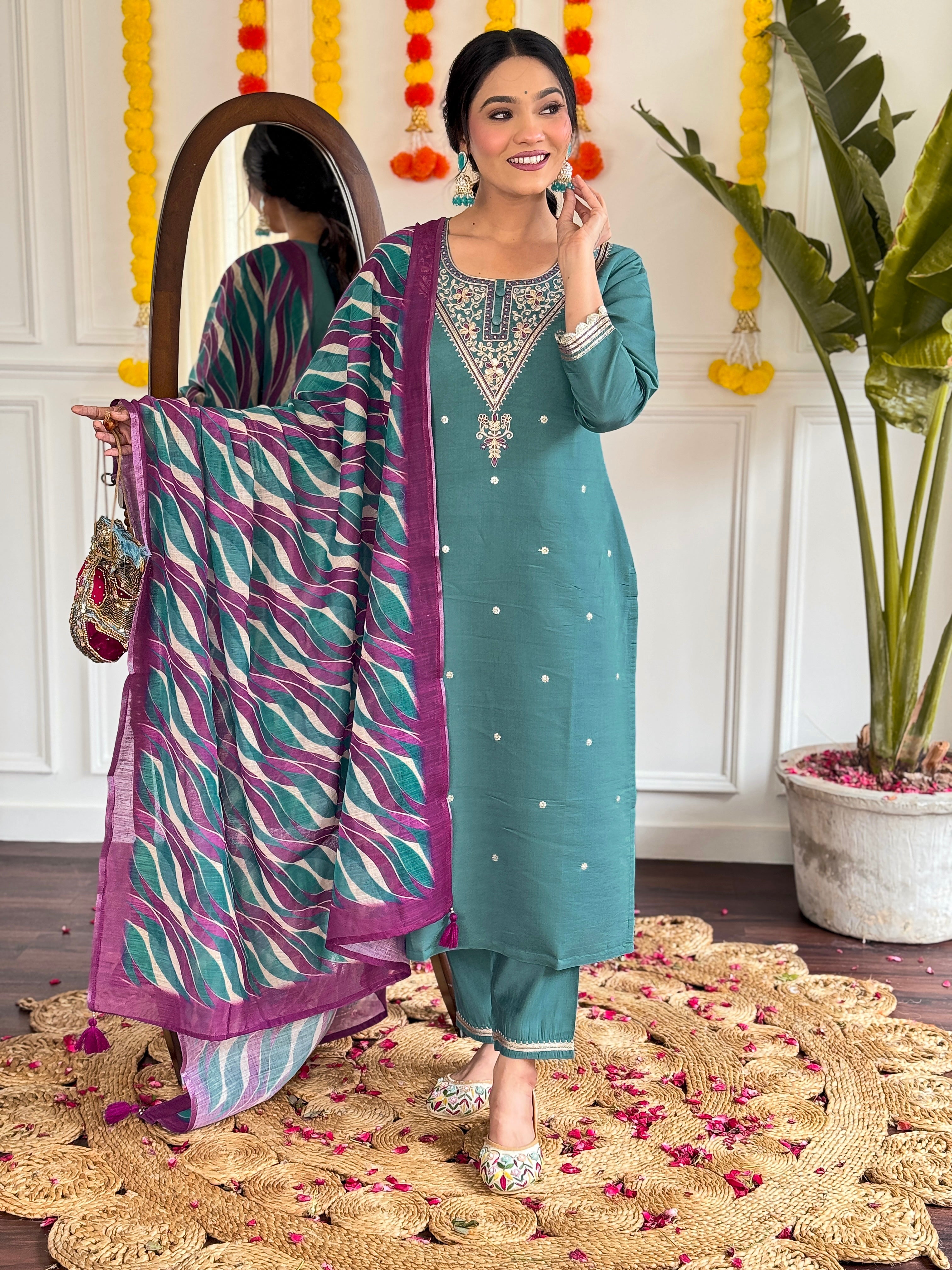 Women's White Viscose Chanderi Embroidered Straight Kurta with Viscose Chanderi Pant & Chanderi Printed Dupatta Set