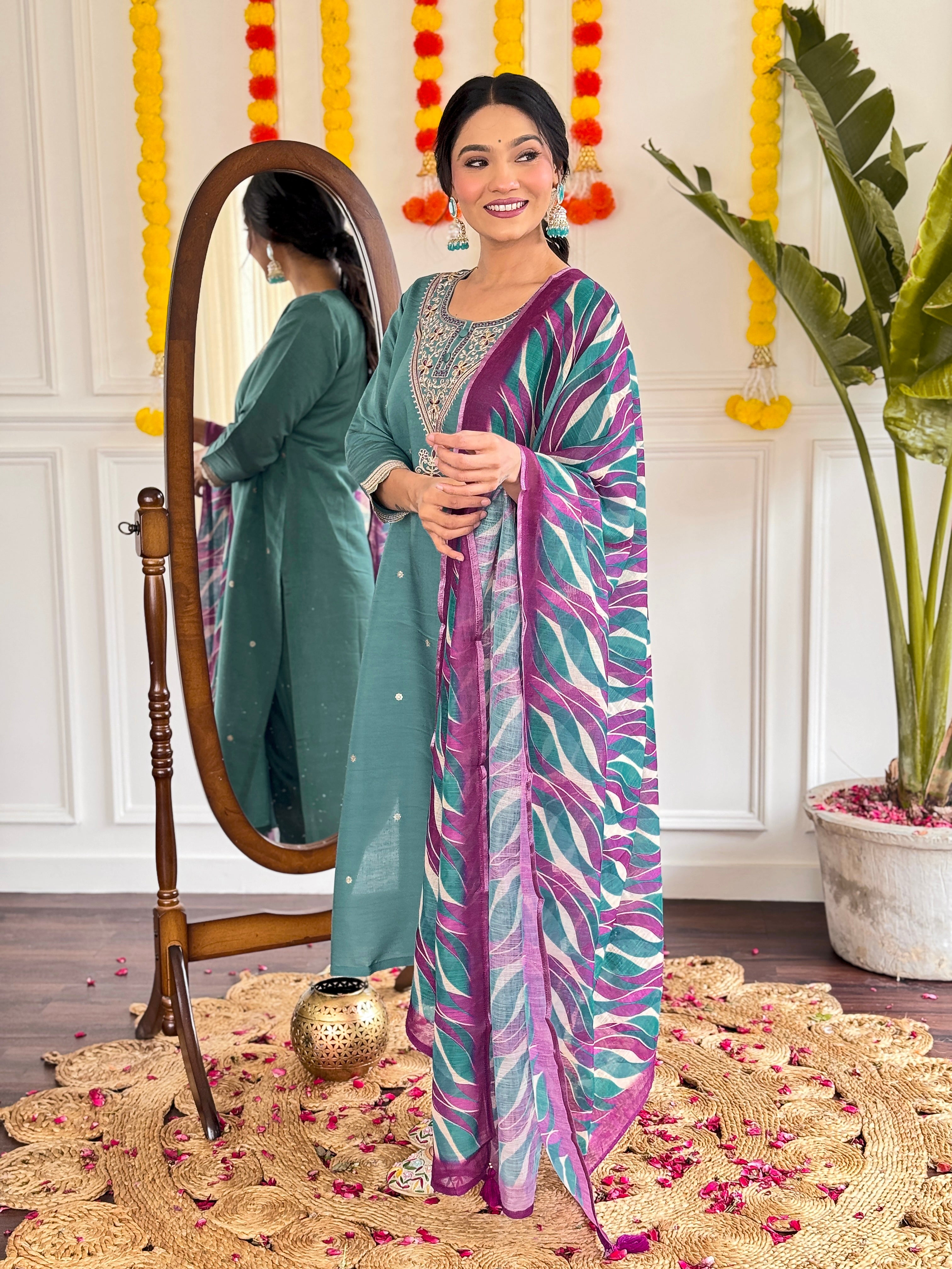 Women's White Viscose Chanderi Embroidered Straight Kurta with Viscose Chanderi Pant & Chanderi Printed Dupatta Set