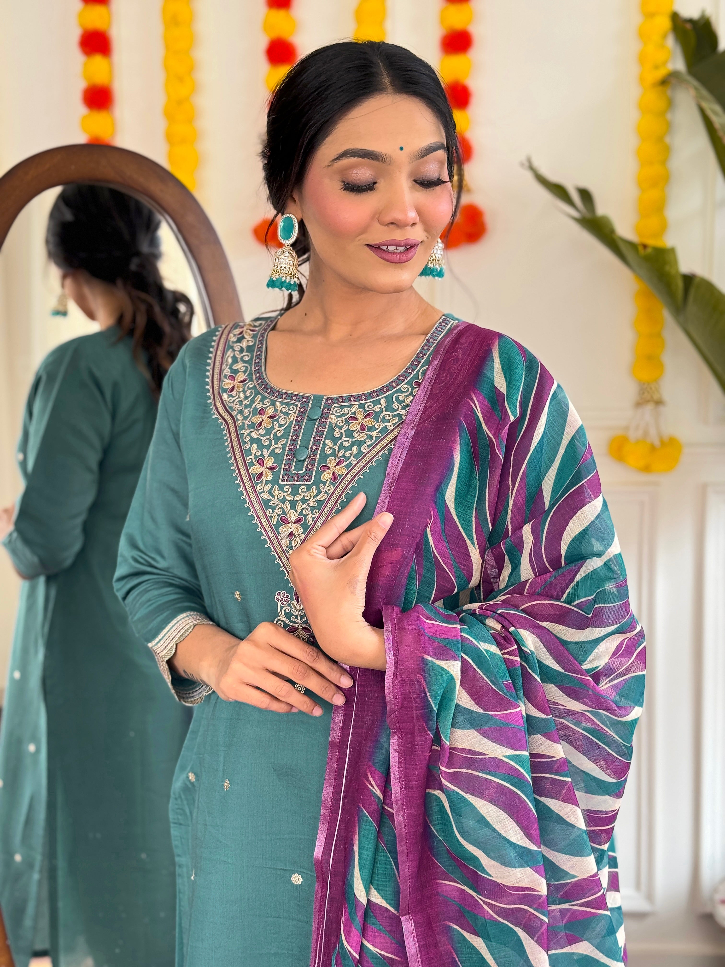 Women's White Viscose Chanderi Embroidered Straight Kurta with Viscose Chanderi Pant & Chanderi Printed Dupatta Set