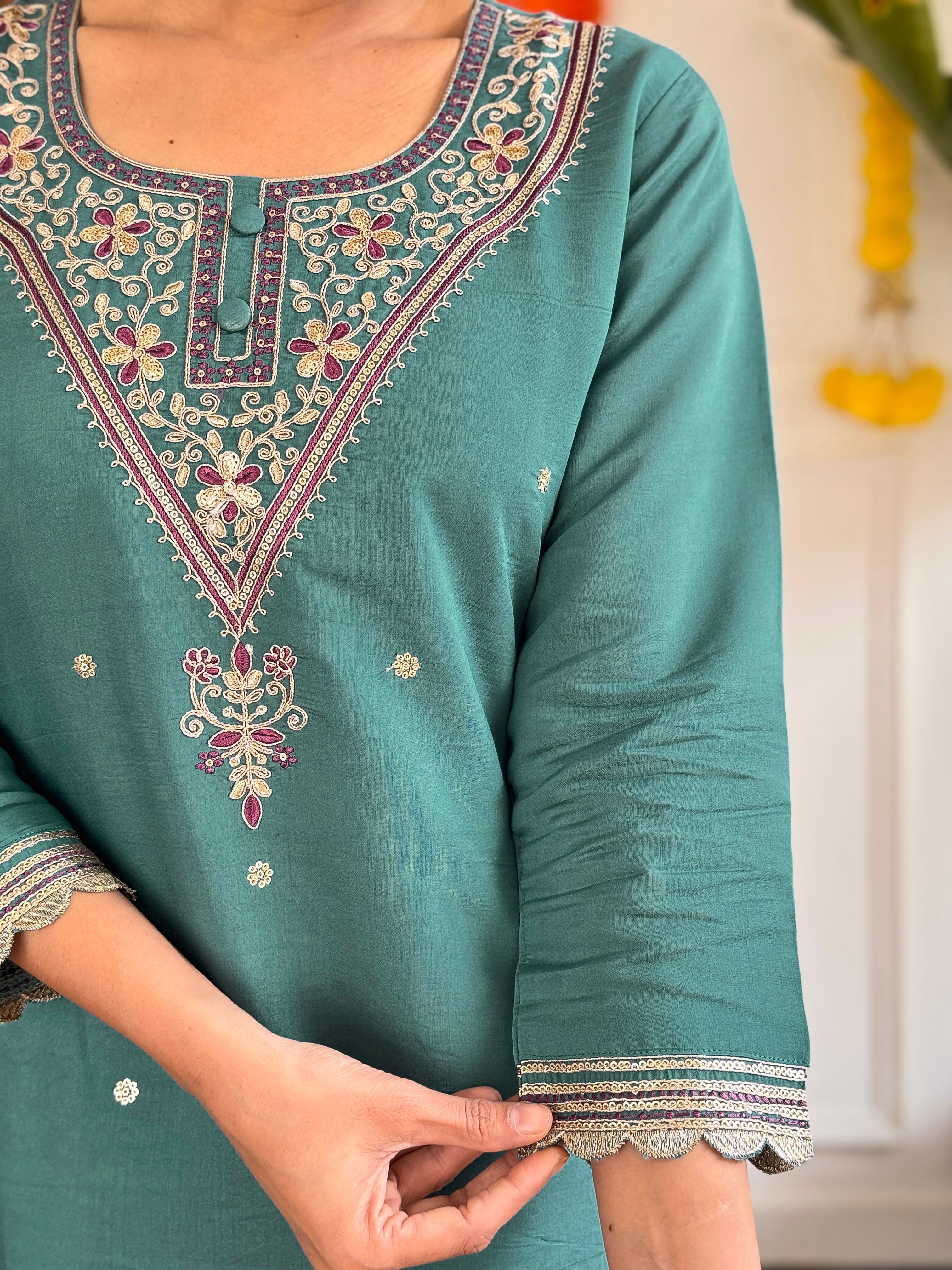 Women's White Viscose Chanderi Embroidered Straight Kurta with Viscose Chanderi Pant & Chanderi Printed Dupatta Set