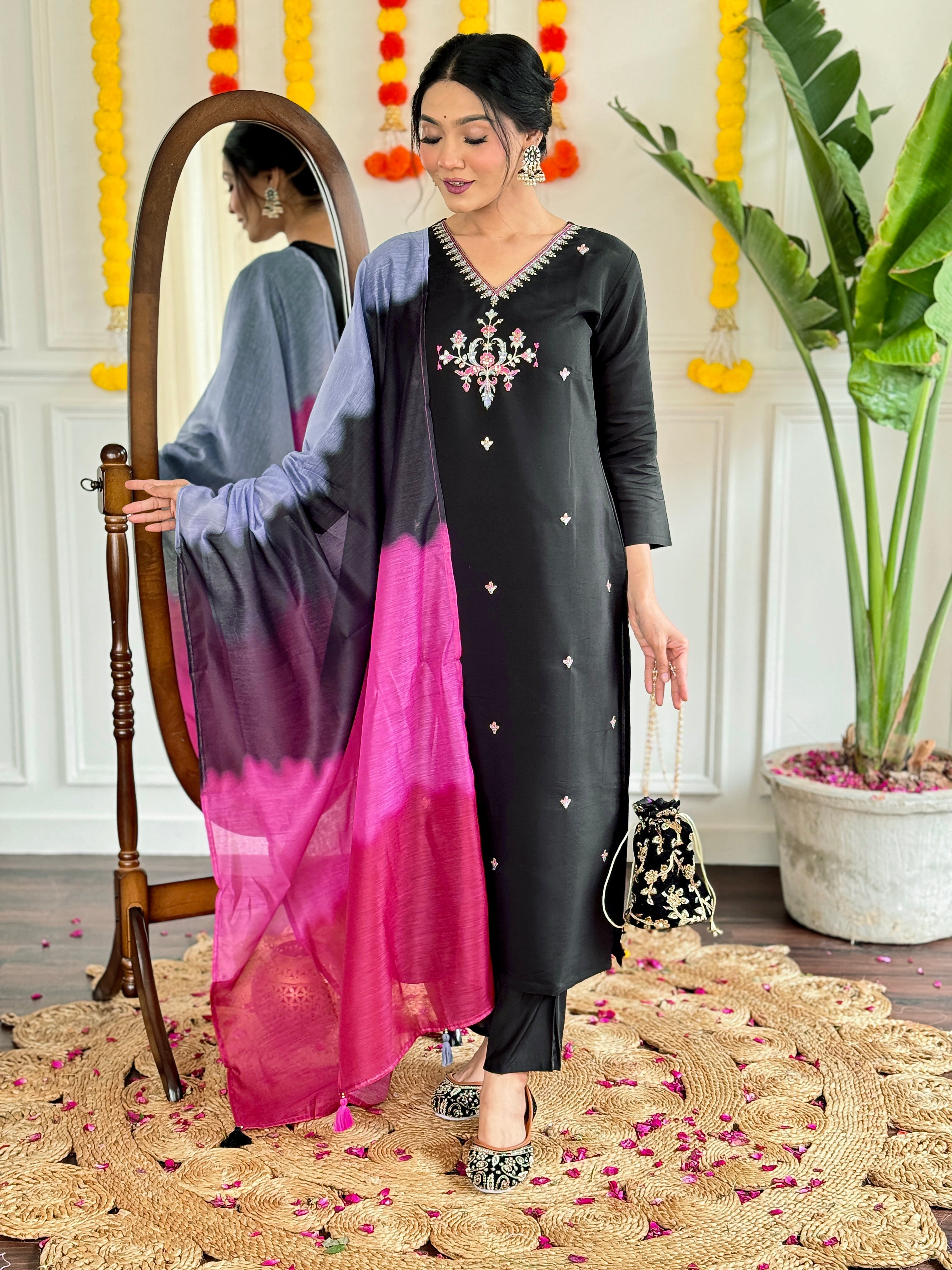 Women's Viscose Chanderi Embroidered Straight Kurta with Viscose Chanderi Pant & Chanderi Printed Dupatta Set