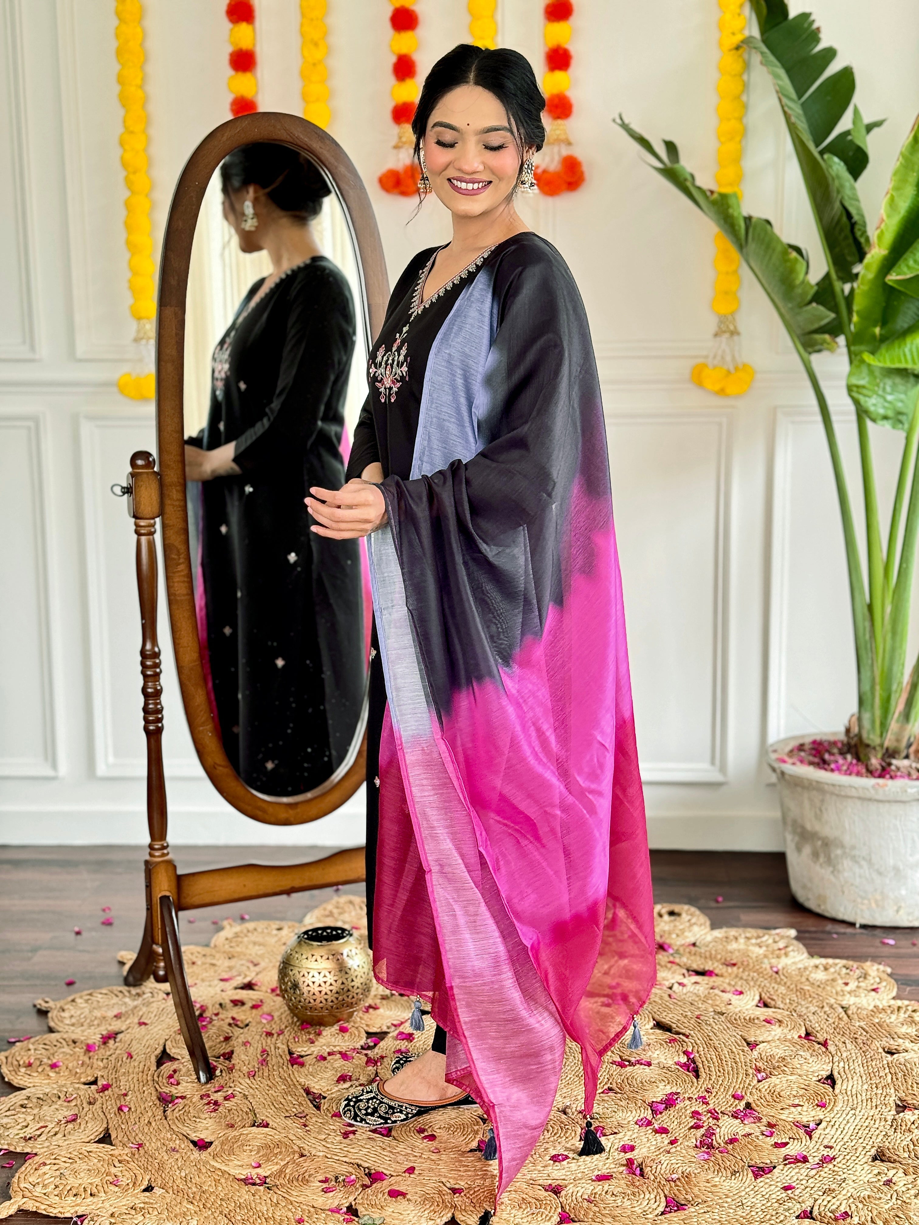 Women's Viscose Chanderi Embroidered Straight Kurta with Viscose Chanderi Pant & Chanderi Printed Dupatta Set