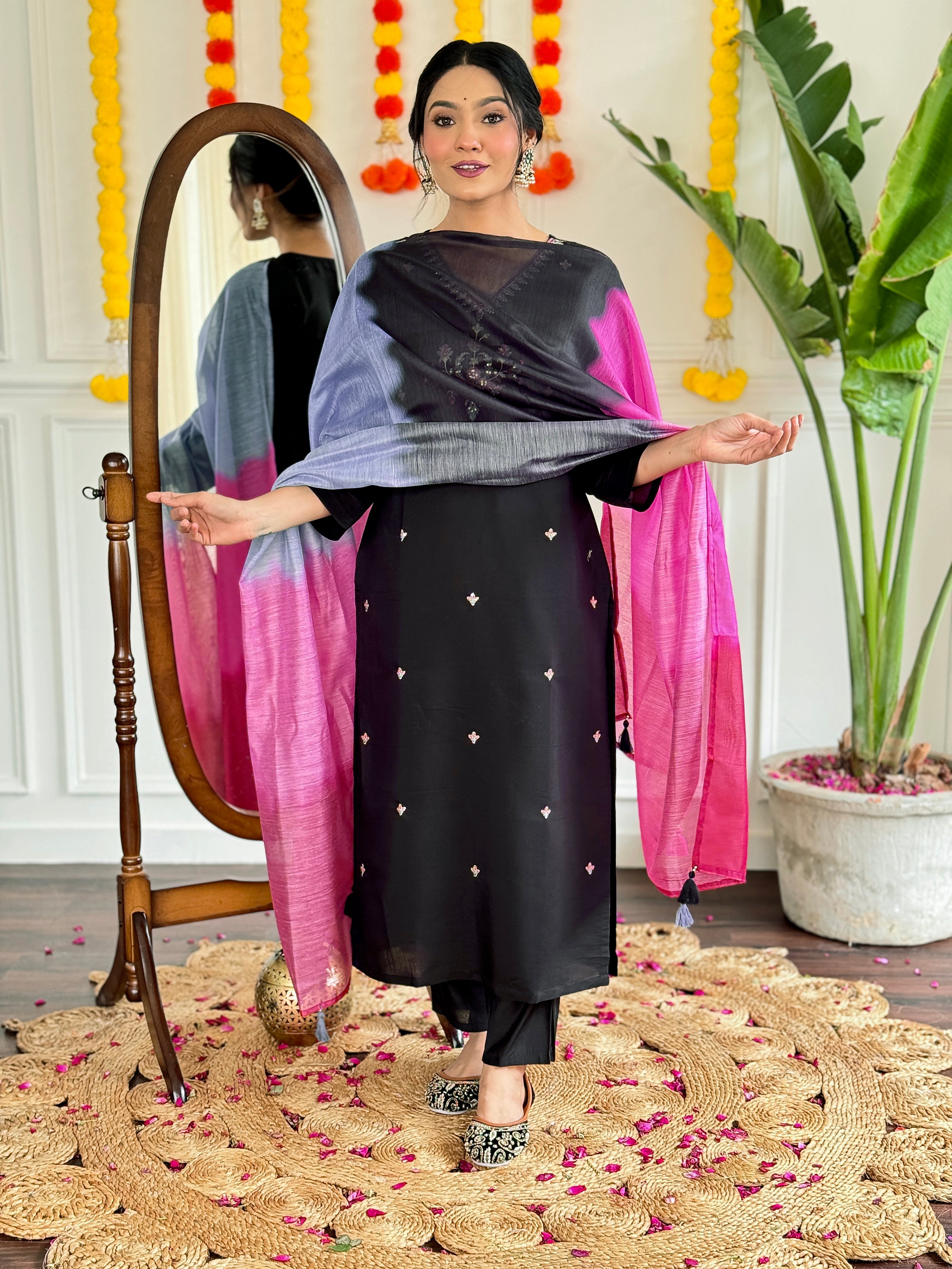 Women's Viscose Chanderi Embroidered Straight Kurta with Viscose Chanderi Pant & Chanderi Printed Dupatta Set