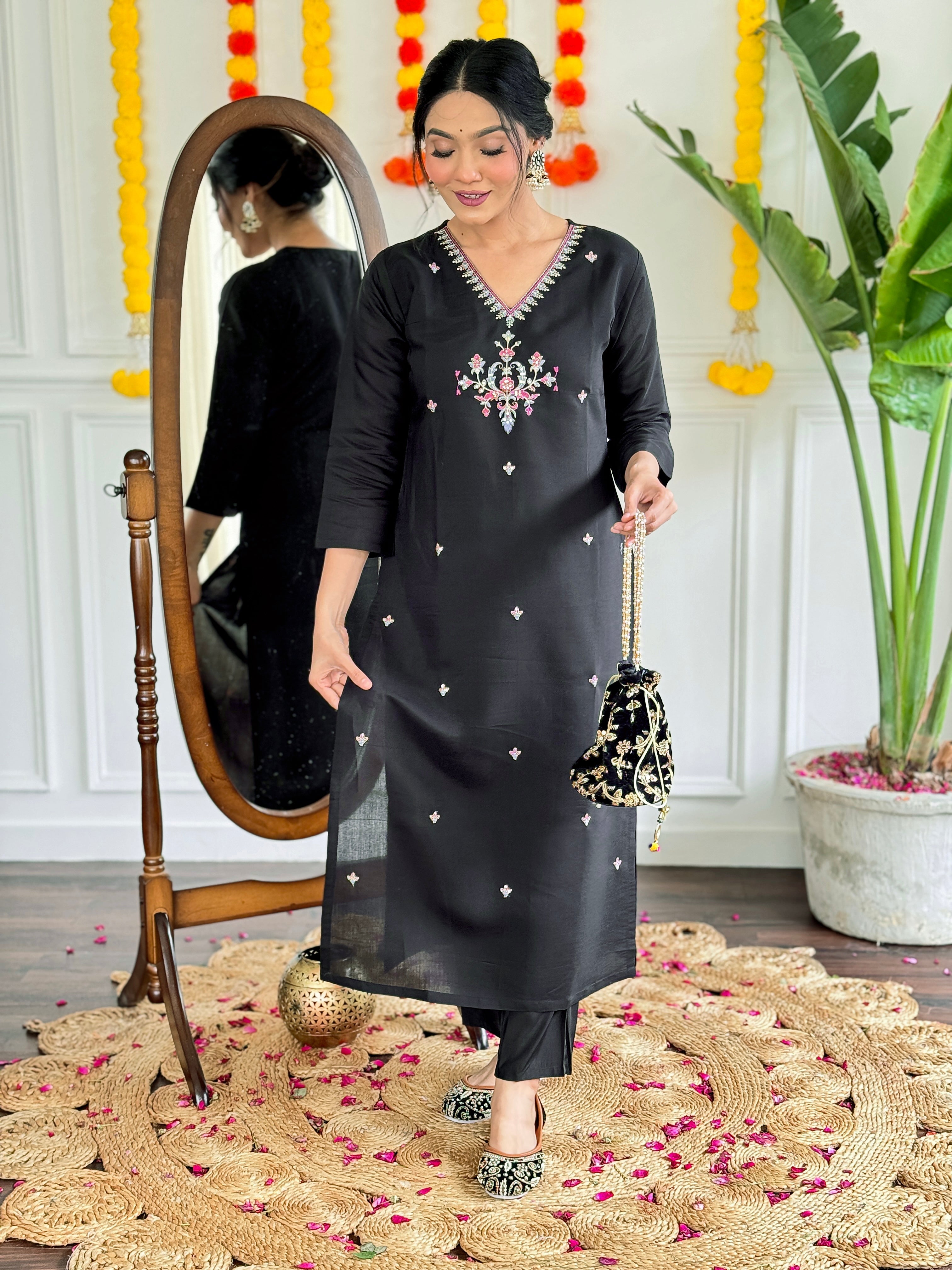 Women's Viscose Chanderi Embroidered Straight Kurta with Viscose Chanderi Pant & Chanderi Printed Dupatta Set