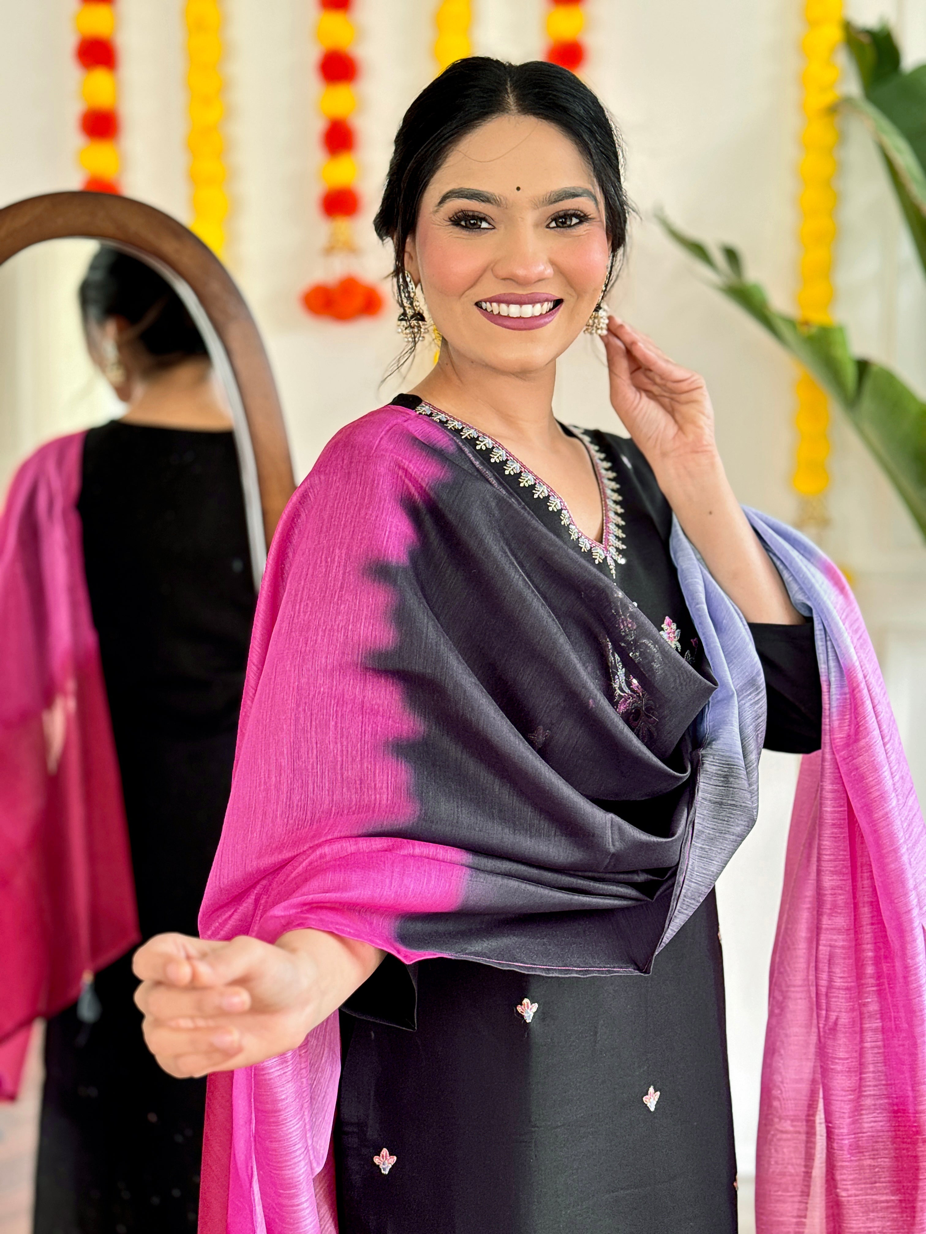 Women's Viscose Chanderi Embroidered Straight Kurta with Viscose Chanderi Pant & Chanderi Printed Dupatta Set