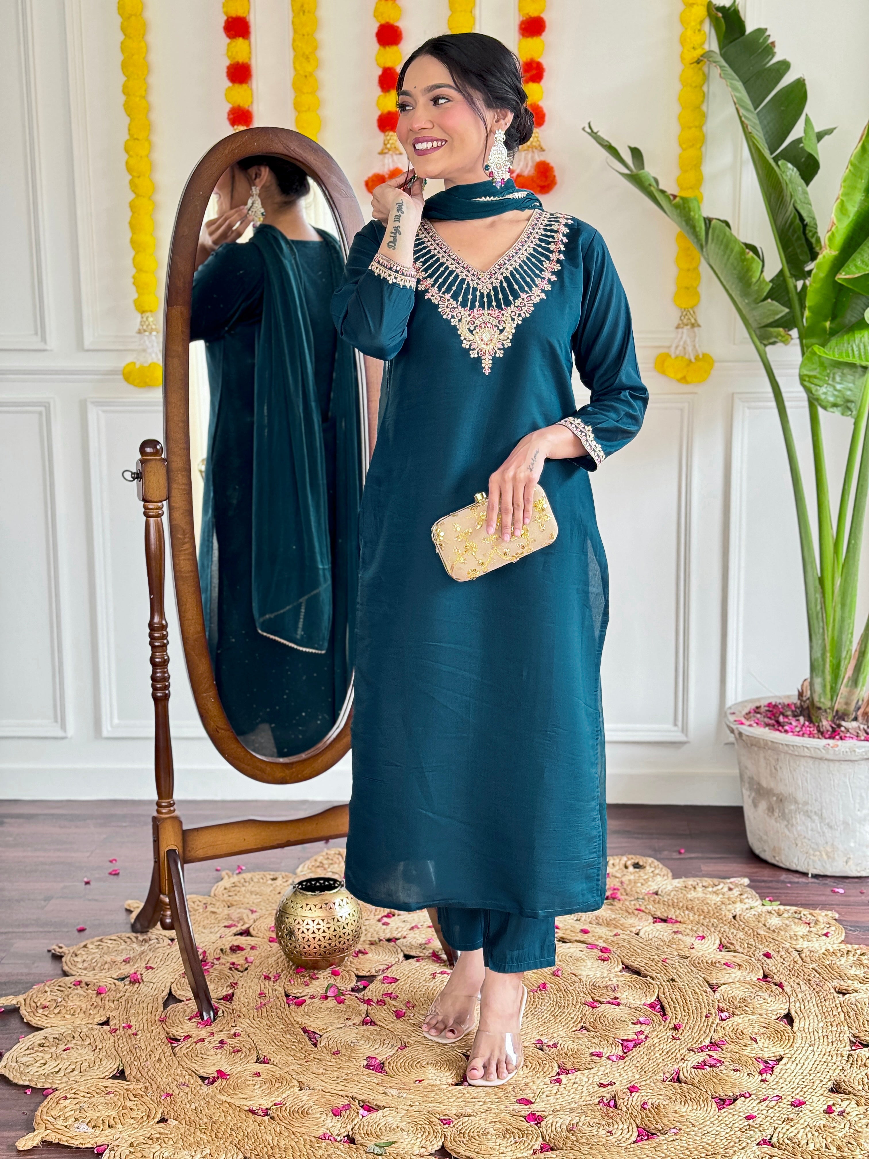 Women's Chanderi Embroidered Straight Kurta with Chanderi Pant & Nylon Dupatta Set