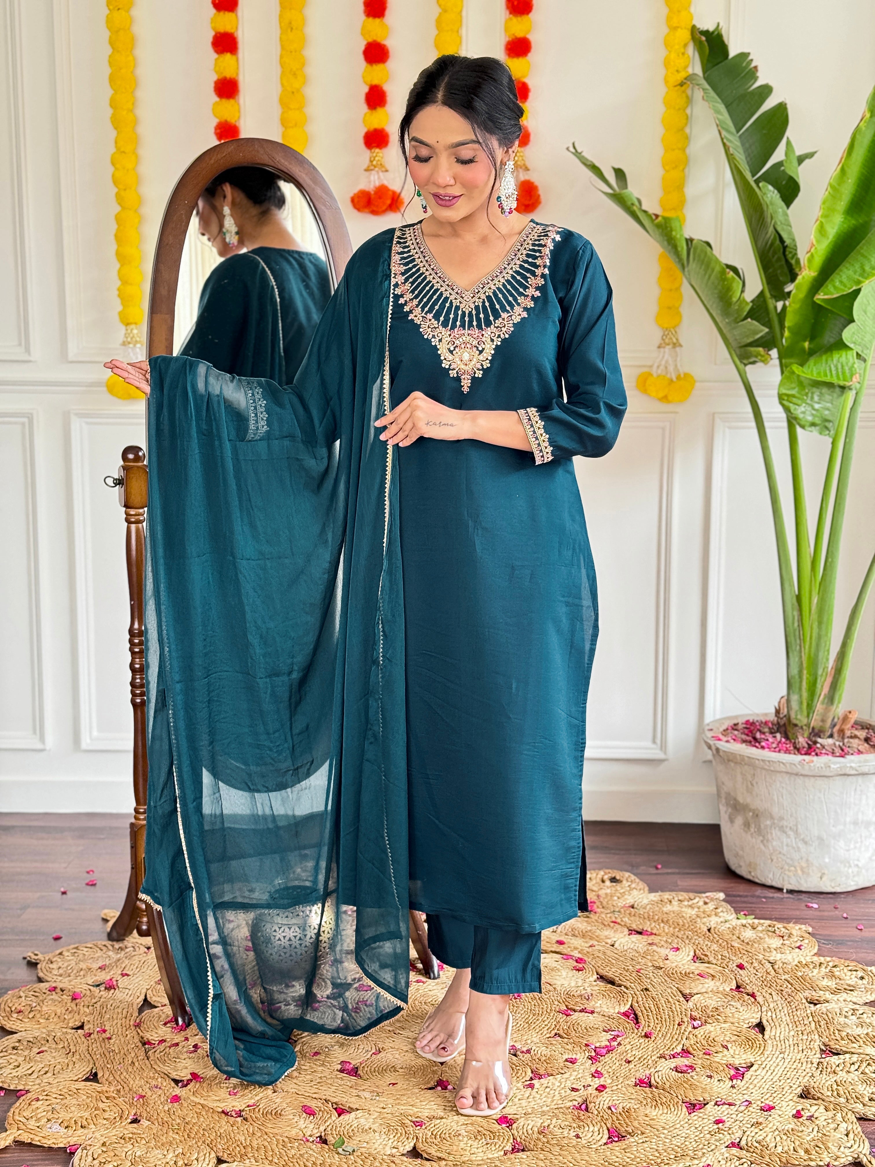 Women's Chanderi Embroidered Straight Kurta with Chanderi Pant & Nylon Dupatta Set