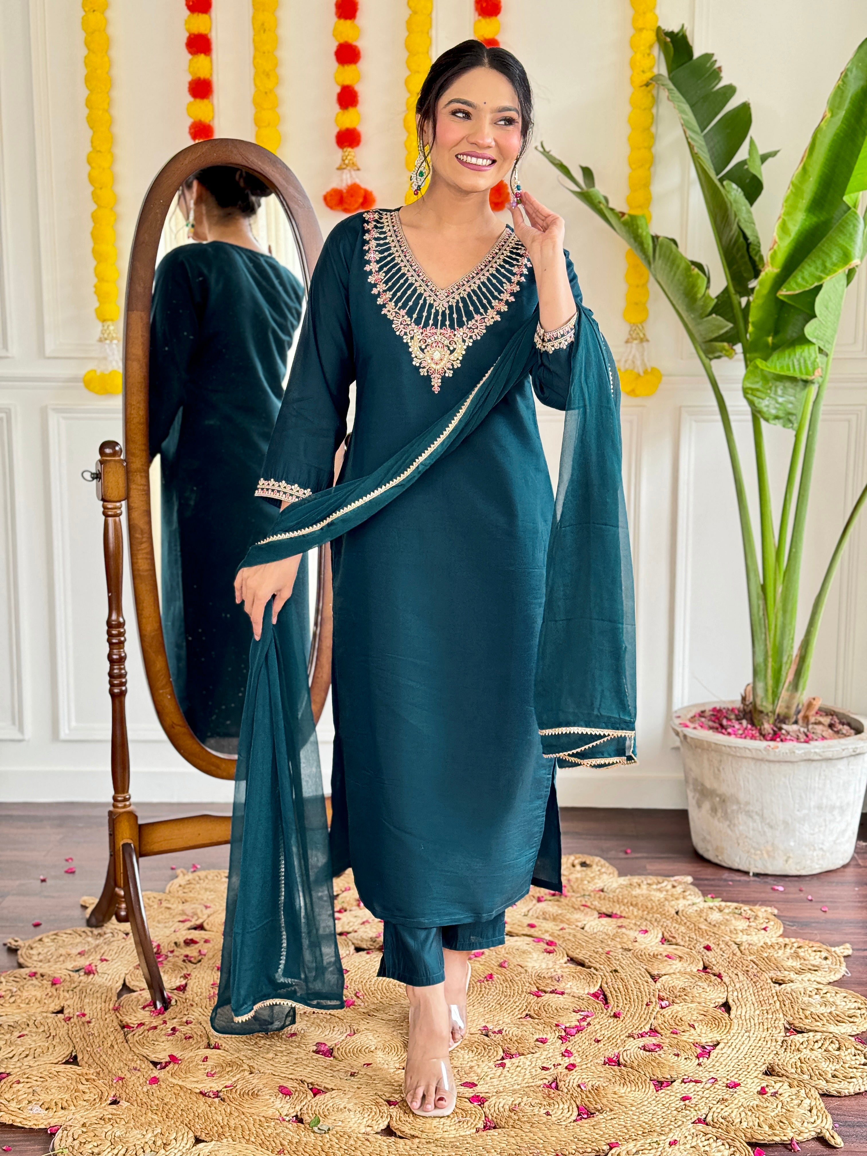 Women's Chanderi Embroidered Straight Kurta with Chanderi Pant & Nylon Dupatta Set