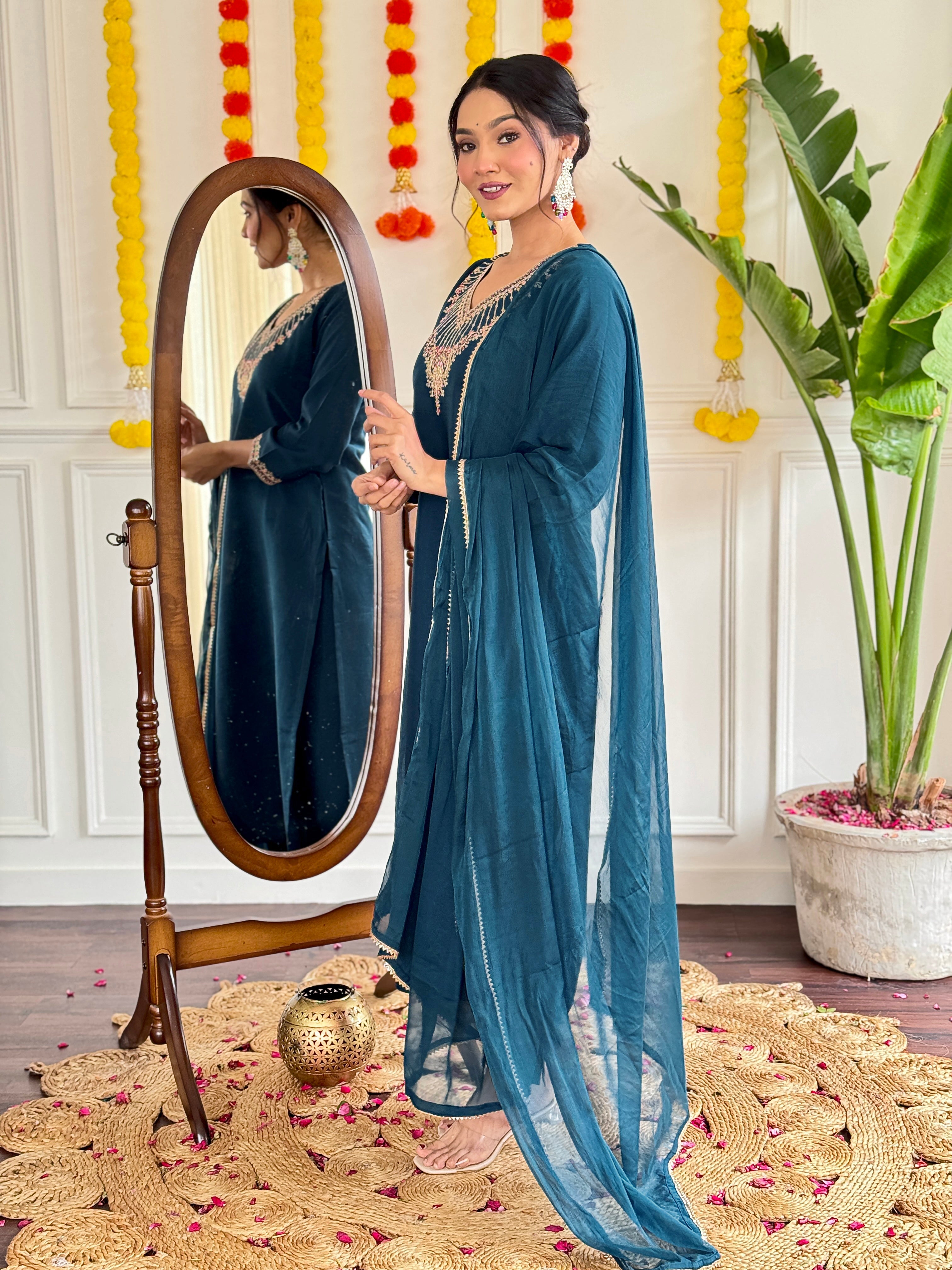 Women's Chanderi Embroidered Straight Kurta with Chanderi Pant & Nylon Dupatta Set