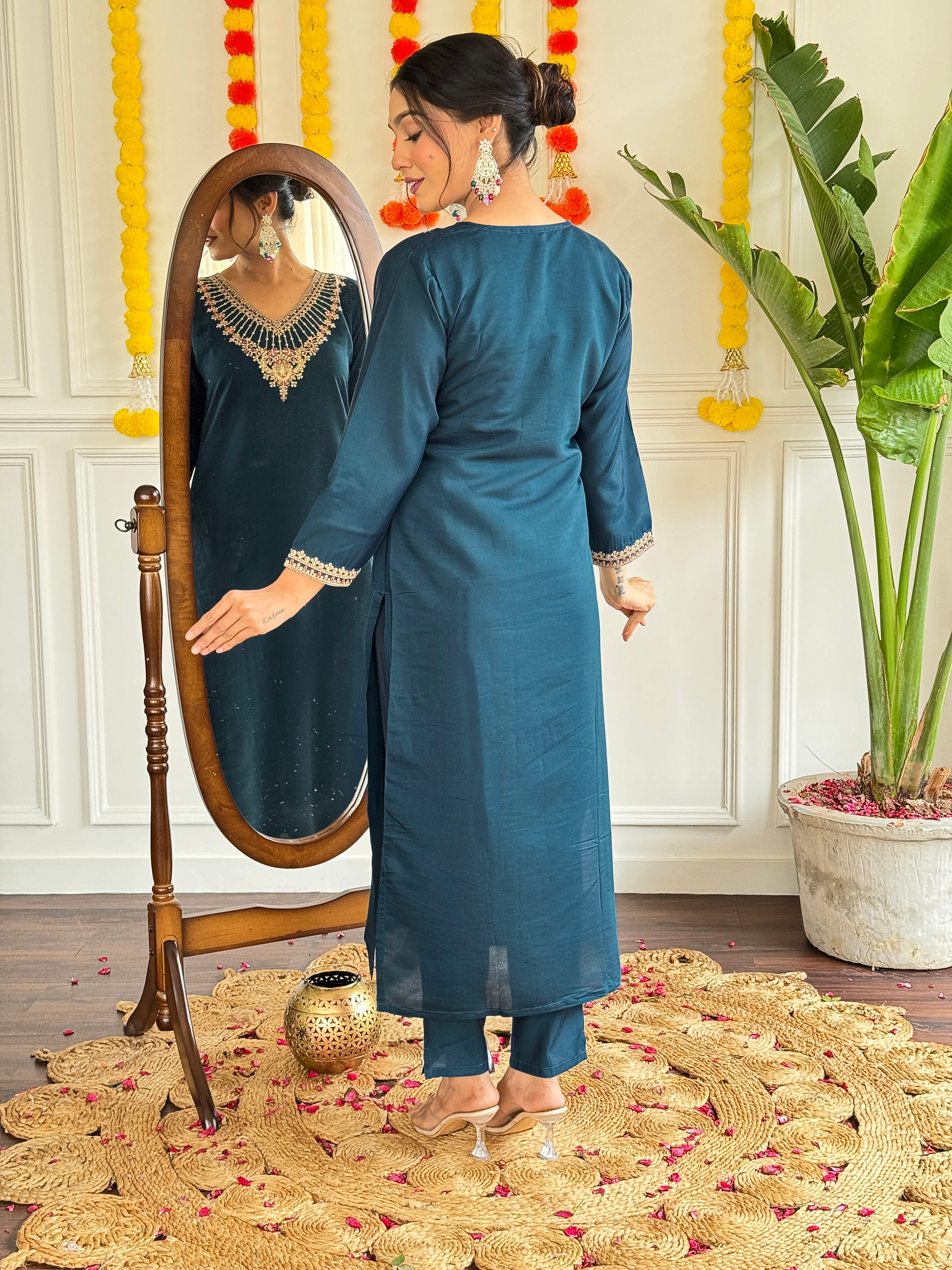 Women's Chanderi Embroidered Straight Kurta with Chanderi Pant & Nylon Dupatta Set