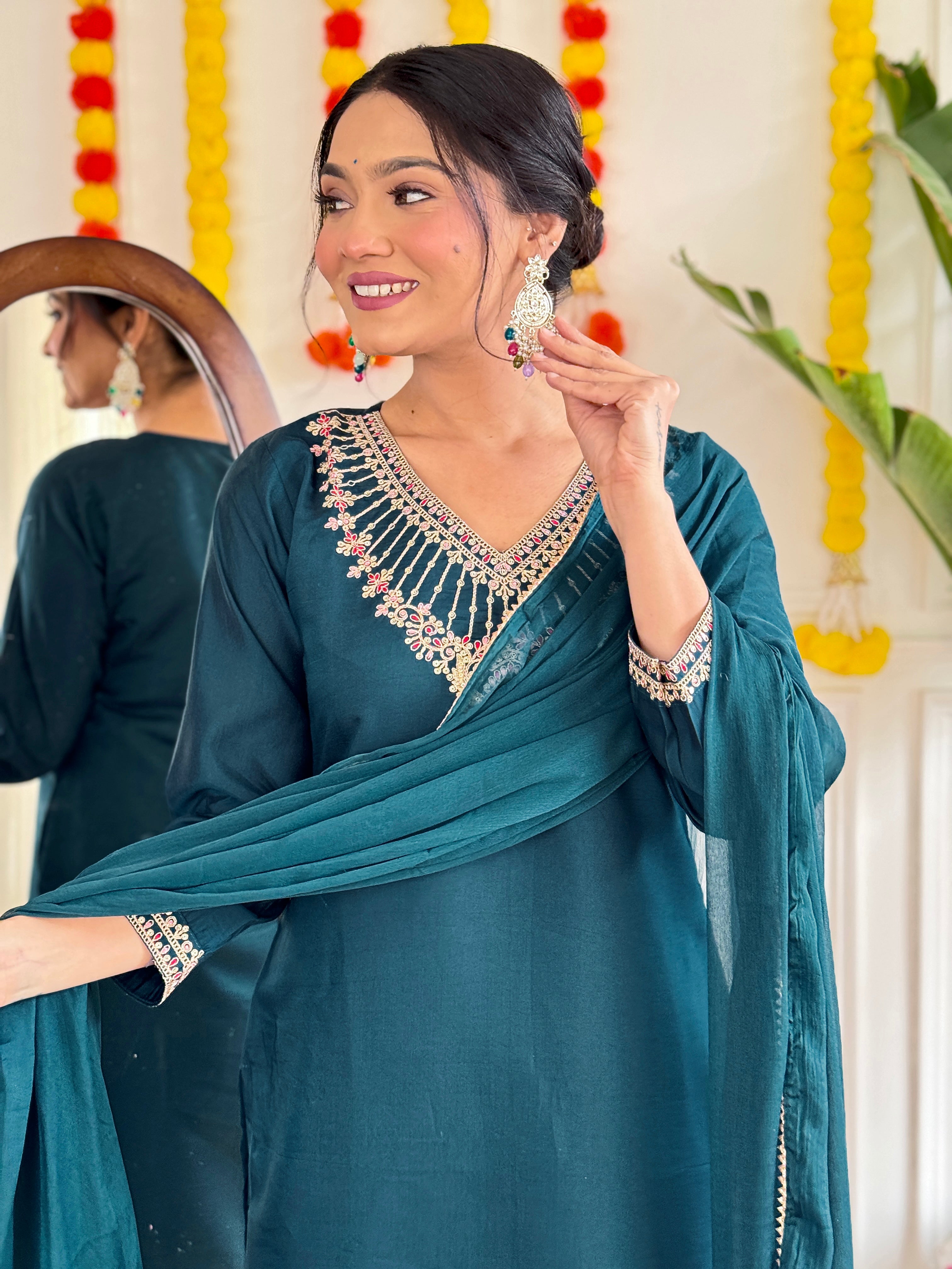 Women's Chanderi Embroidered Straight Kurta with Chanderi Pant & Nylon Dupatta Set