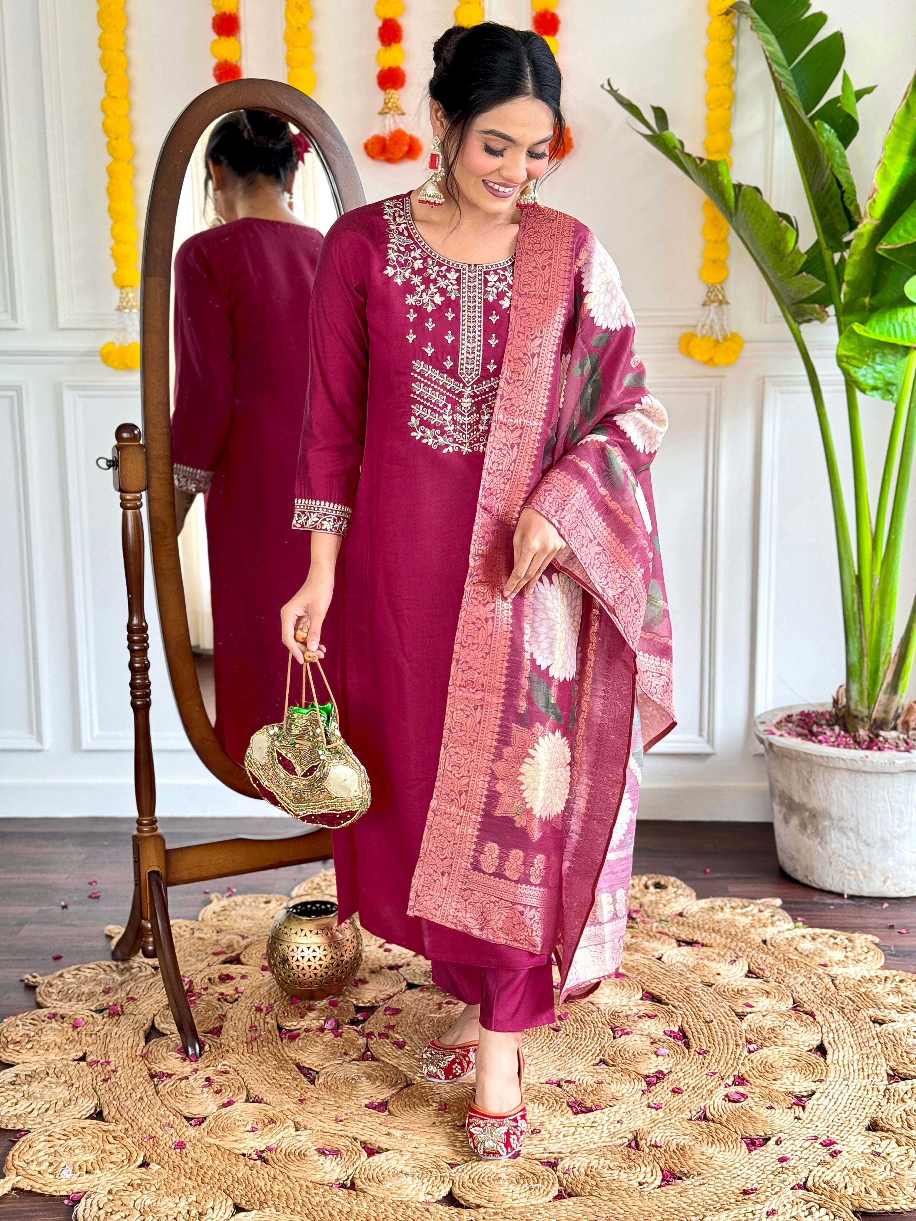 Women's Viscose Chanderi Embroidered Straight Kurta with Viscose Chanderi Pant & Jacquard Printed Dupatta Set