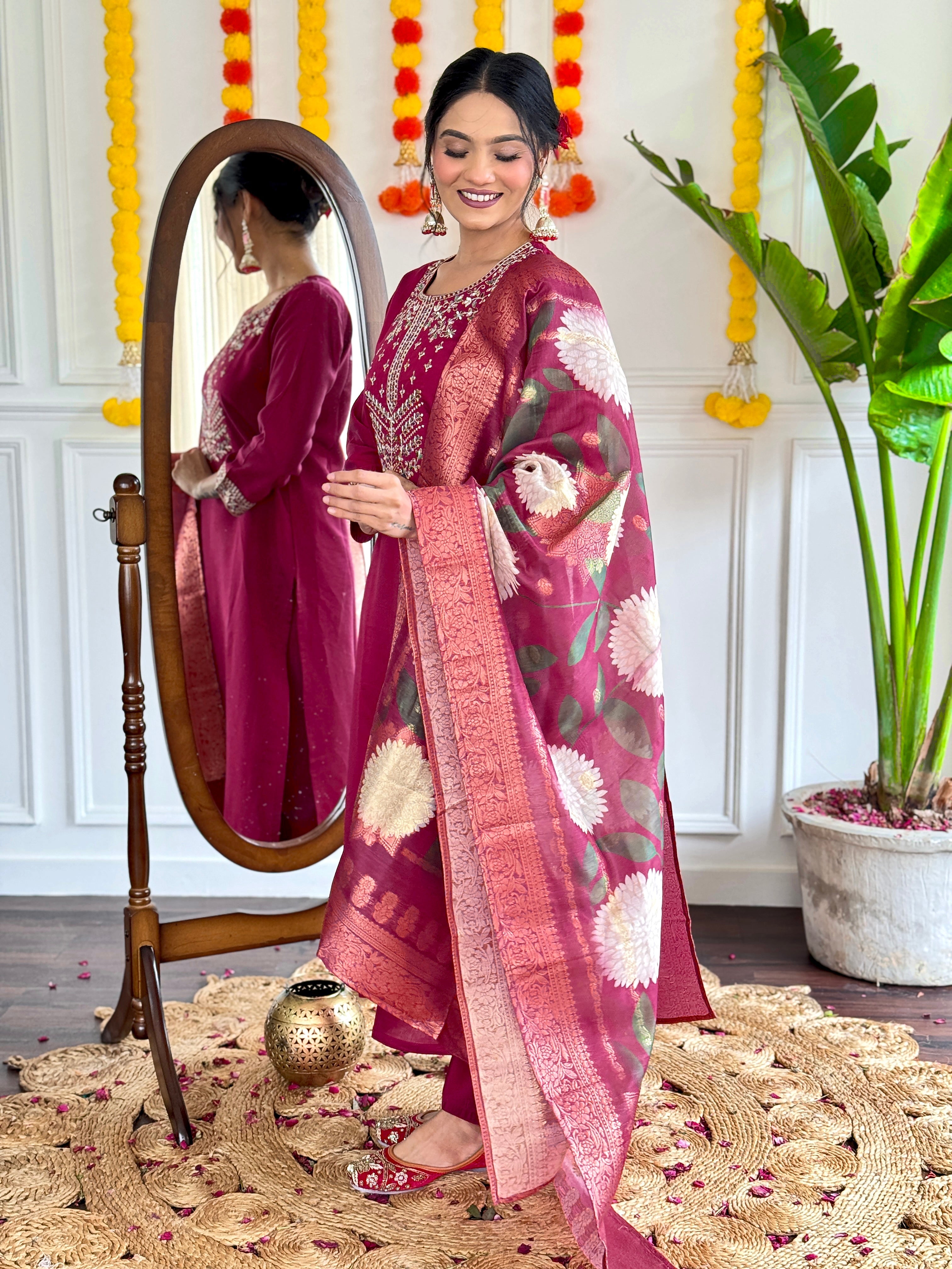 Women's Viscose Chanderi Embroidered Straight Kurta with Viscose Chanderi Pant & Jacquard Printed Dupatta Set