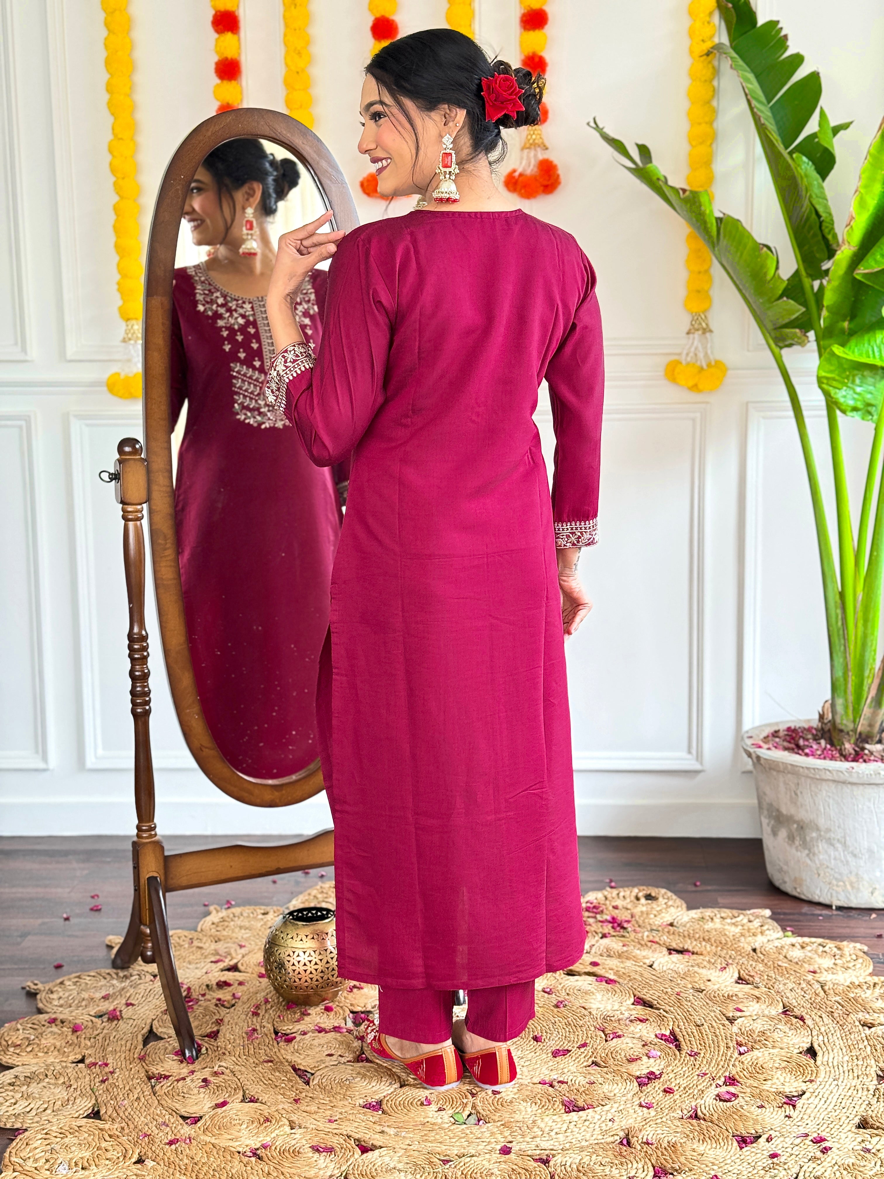 Women's Viscose Chanderi Embroidered Straight Kurta with Viscose Chanderi Pant & Jacquard Printed Dupatta Set