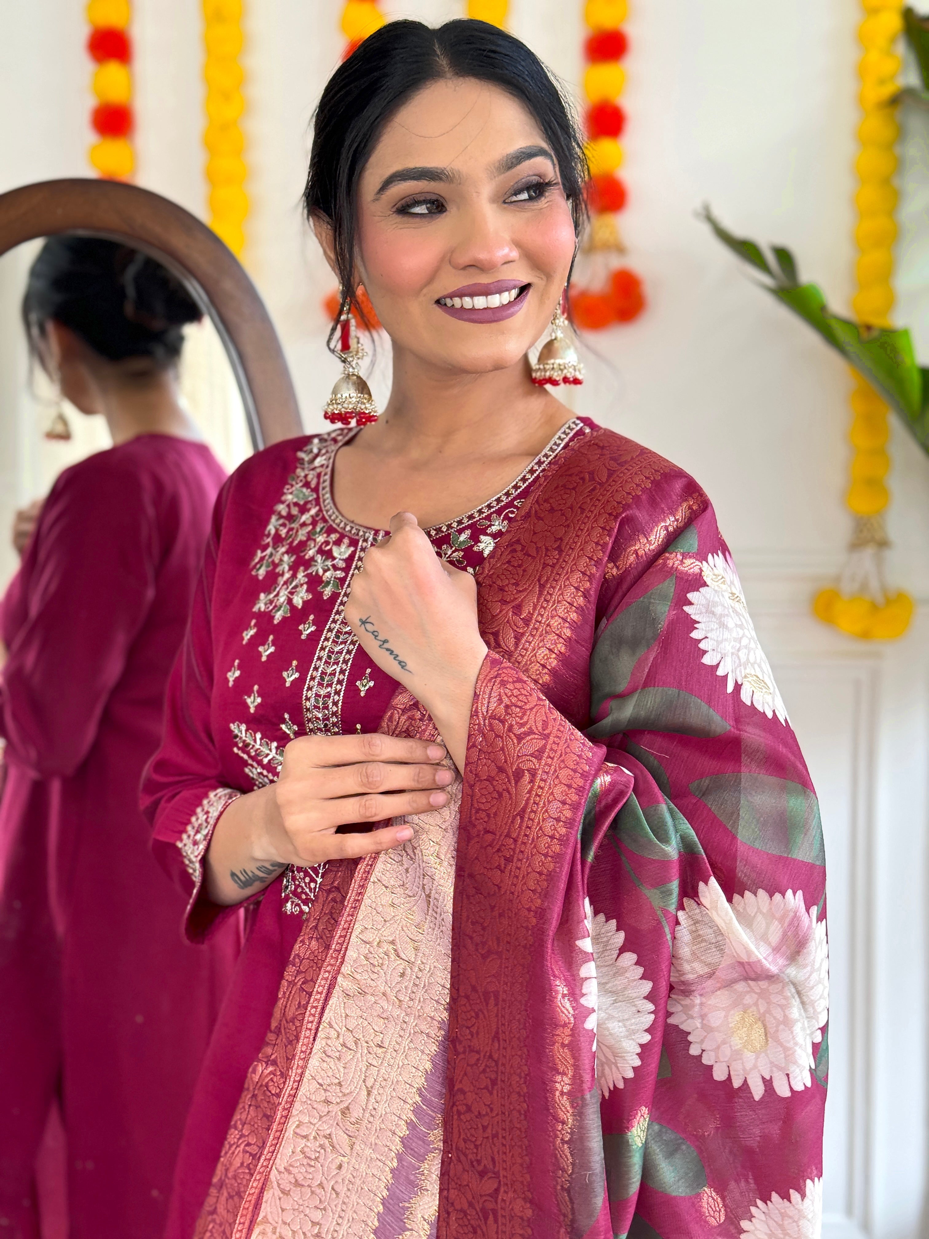 Women's Viscose Chanderi Embroidered Straight Kurta with Viscose Chanderi Pant & Jacquard Printed Dupatta Set