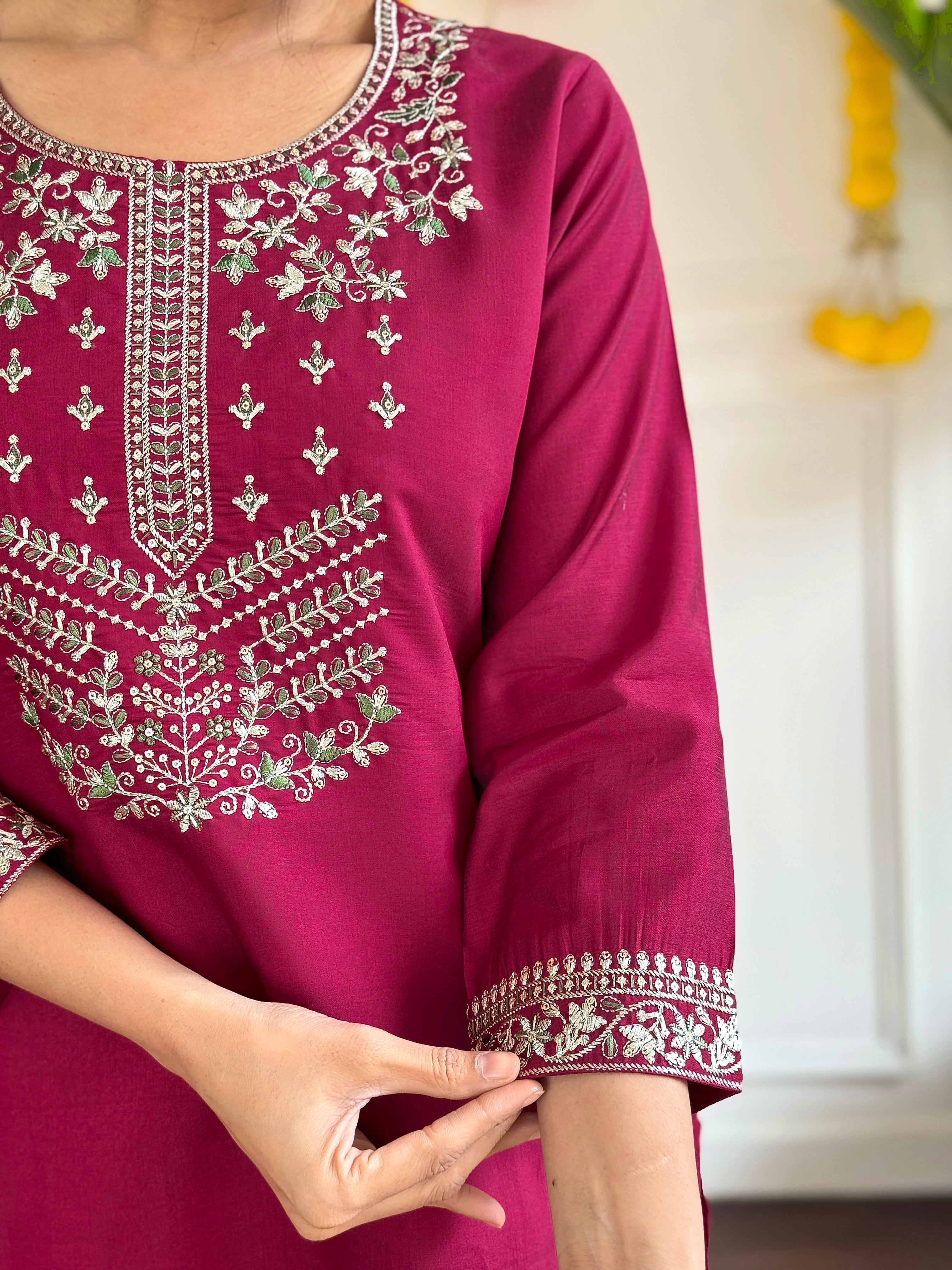 Women's Viscose Chanderi Embroidered Straight Kurta with Viscose Chanderi Pant & Jacquard Printed Dupatta Set
