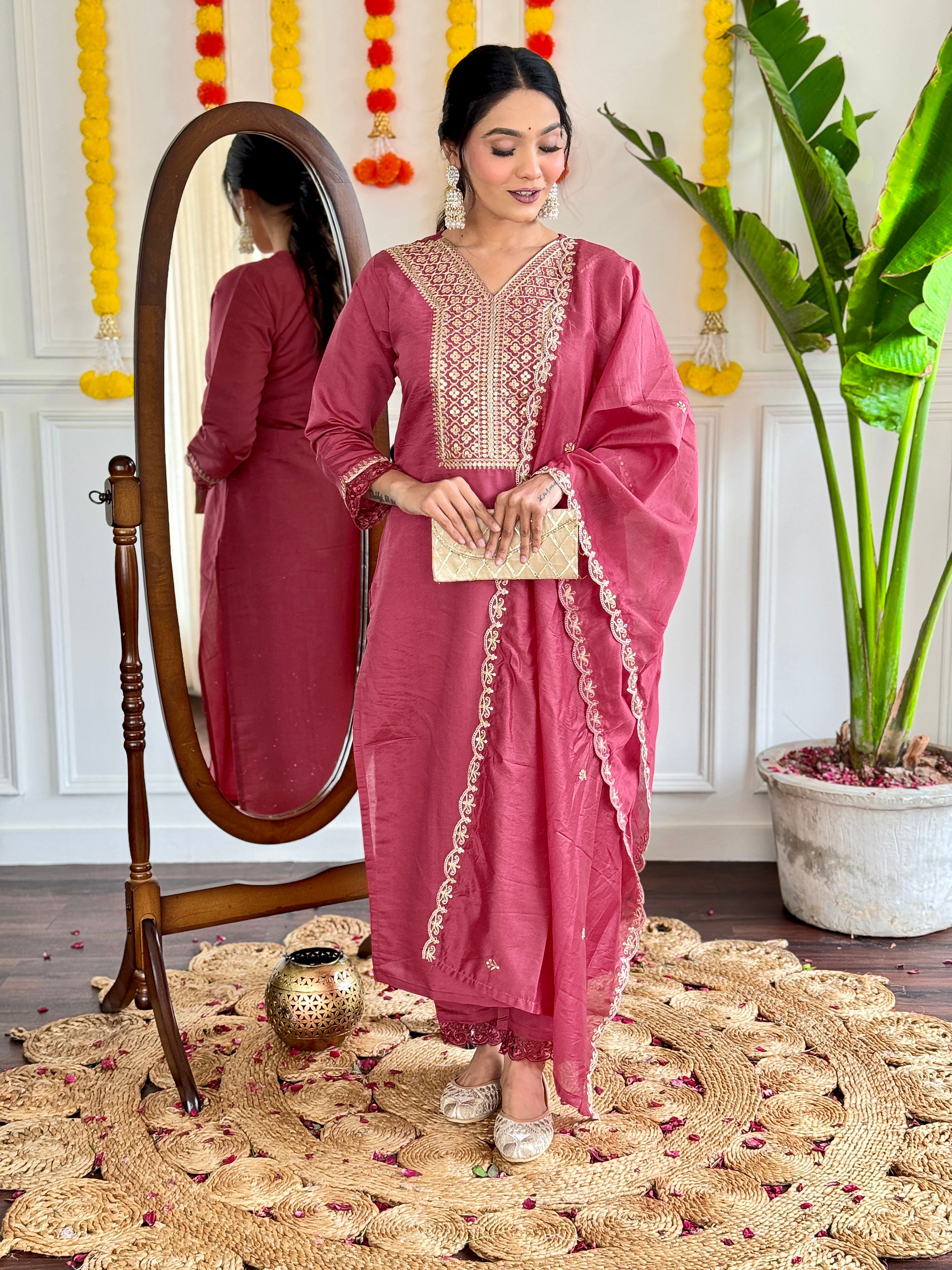 Women's Viscose Chanderi Embroidered Straight Kurta with Viscose Chanderi Pant & Nylon Chanderi Printed Dupatta Set