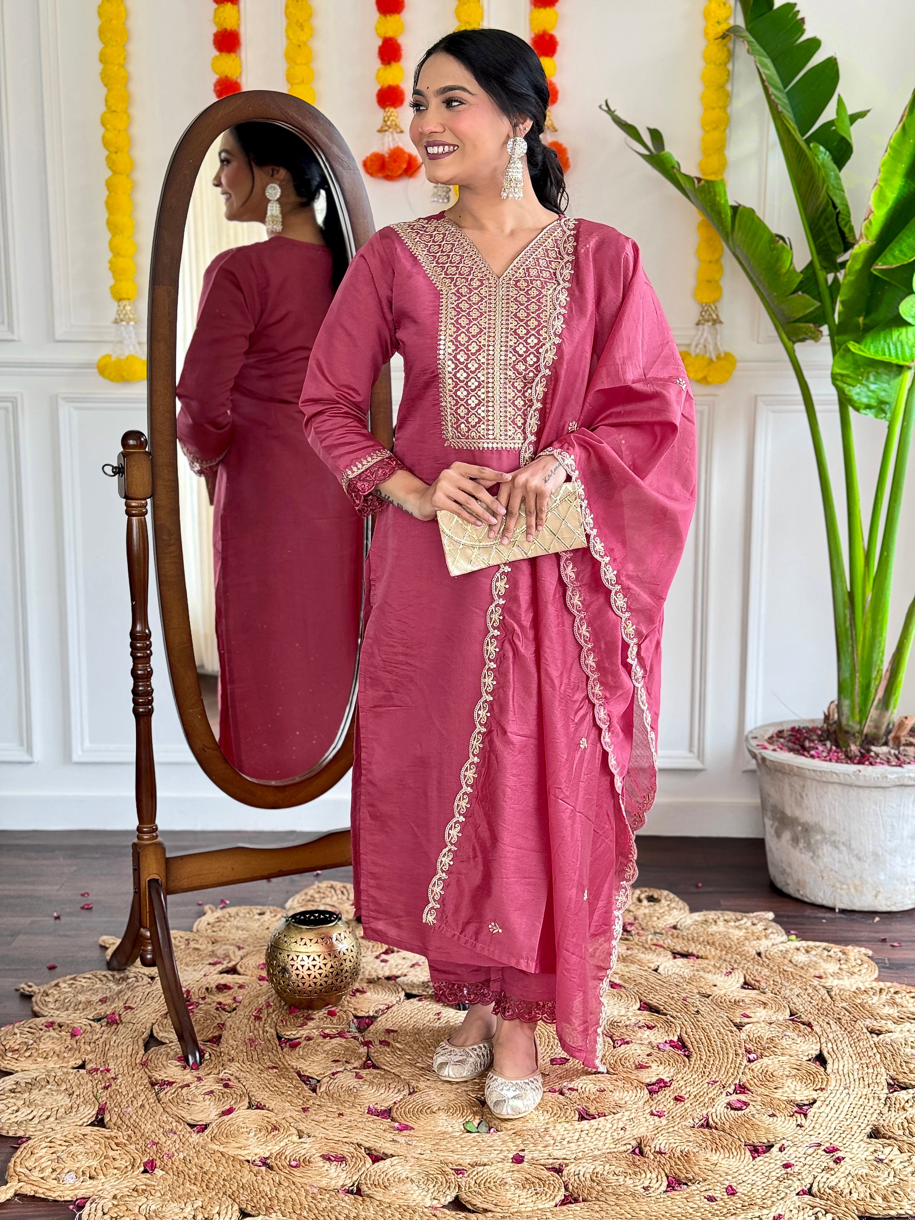 Women's Viscose Chanderi Embroidered Straight Kurta with Viscose Chanderi Pant & Nylon Chanderi Printed Dupatta Set