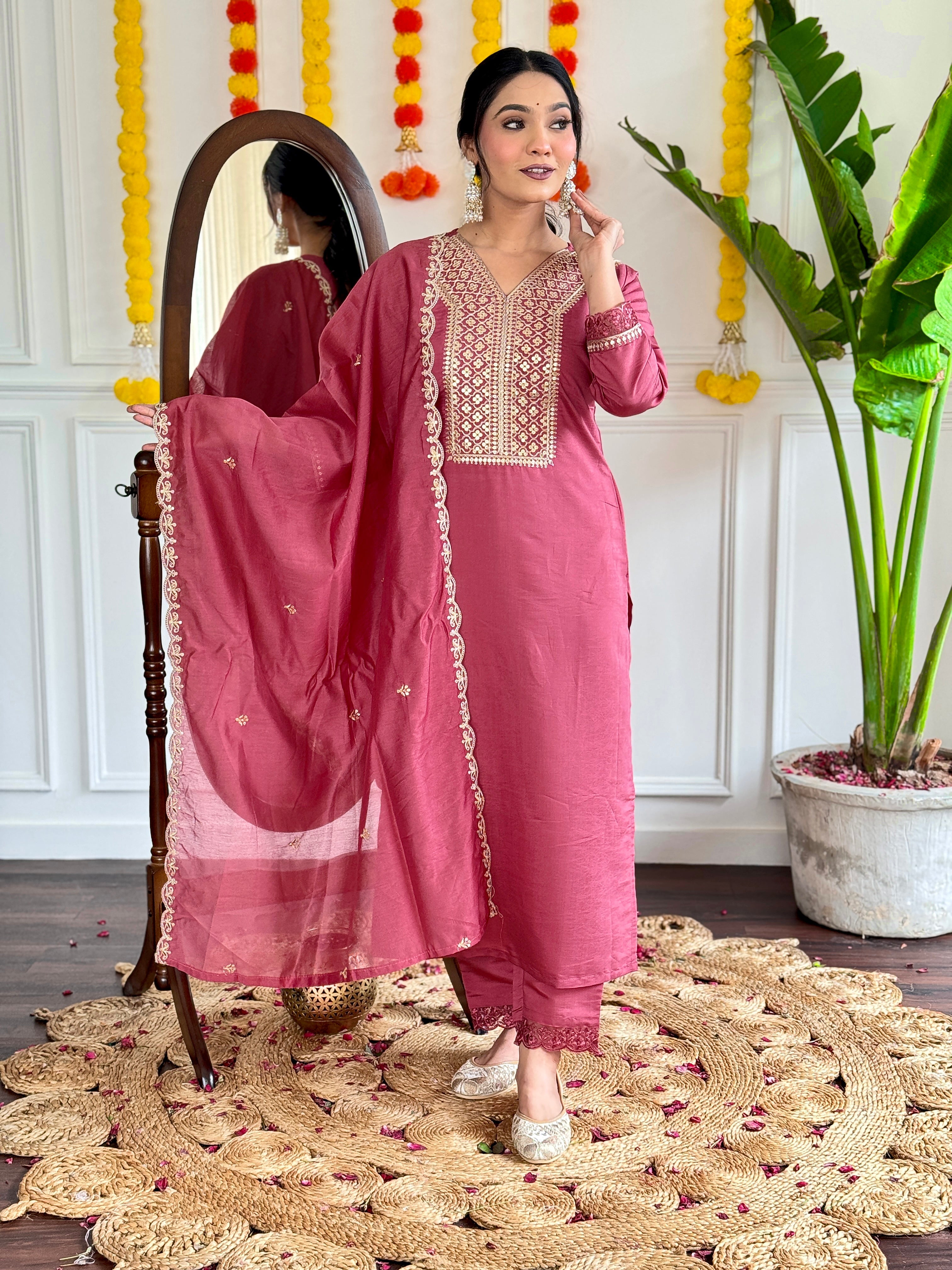 Women's Viscose Chanderi Embroidered Straight Kurta with Viscose Chanderi Pant & Nylon Chanderi Printed Dupatta Set