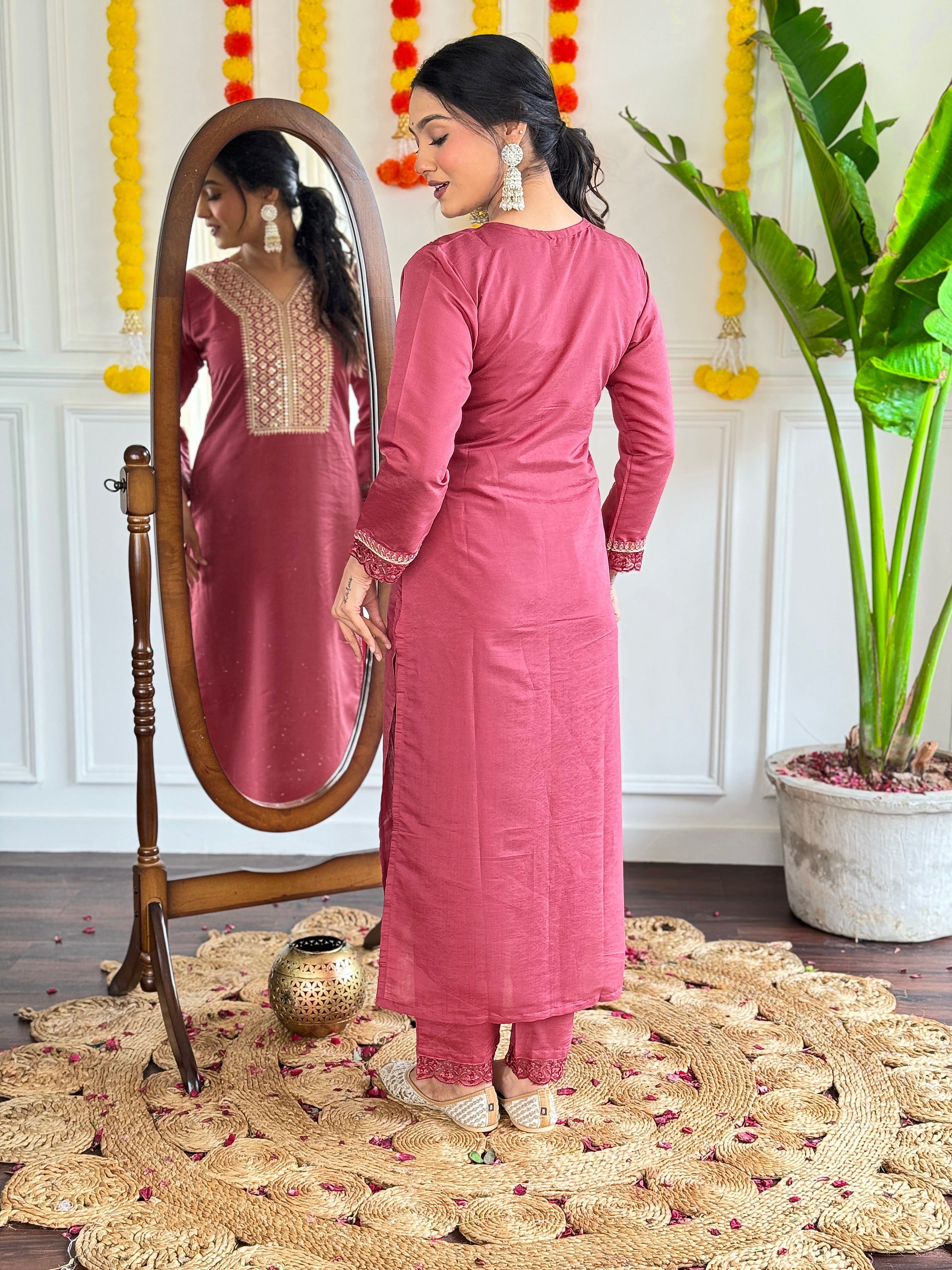 Women's Viscose Chanderi Embroidered Straight Kurta with Viscose Chanderi Pant & Nylon Chanderi Printed Dupatta Set