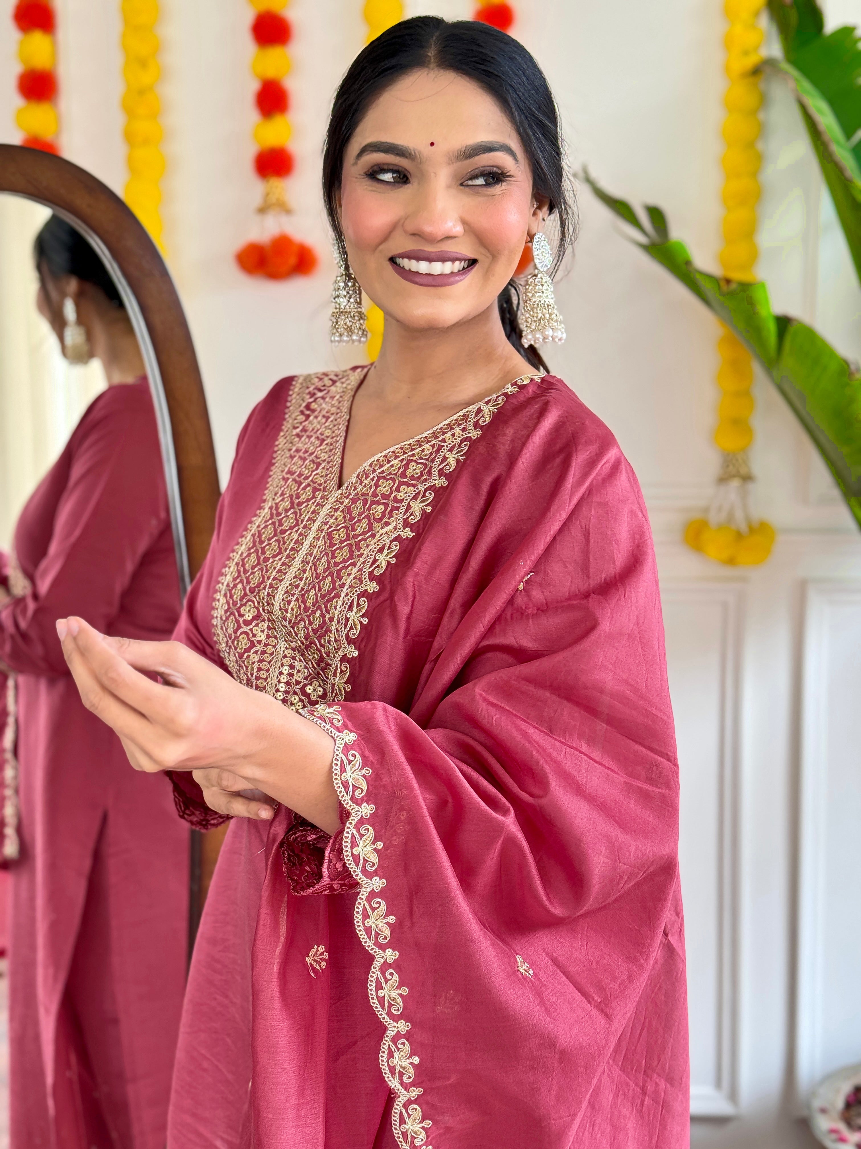 Women's Viscose Chanderi Embroidered Straight Kurta with Viscose Chanderi Pant & Nylon Chanderi Printed Dupatta Set