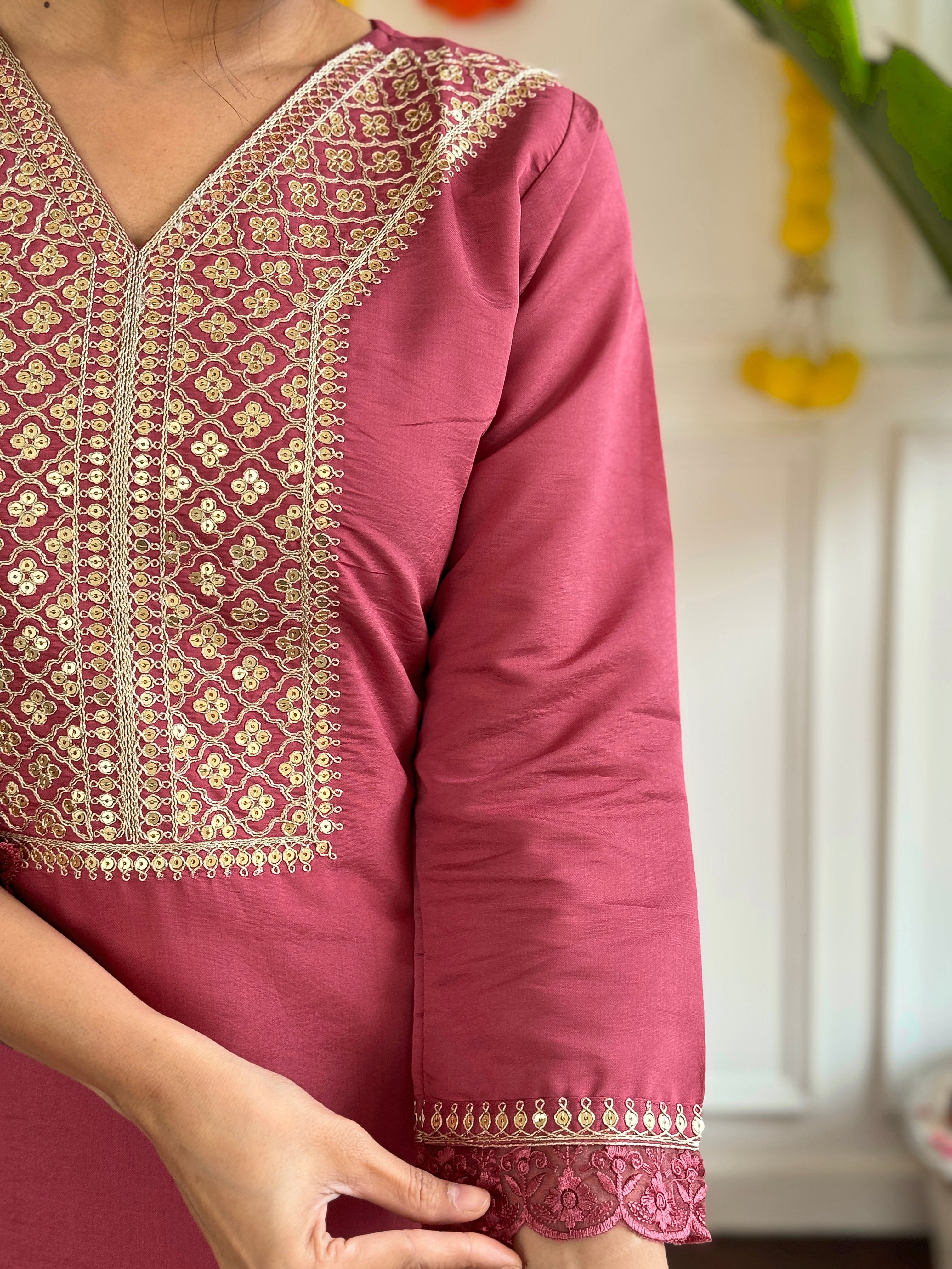 Women's Viscose Chanderi Embroidered Straight Kurta with Viscose Chanderi Pant & Nylon Chanderi Printed Dupatta Set
