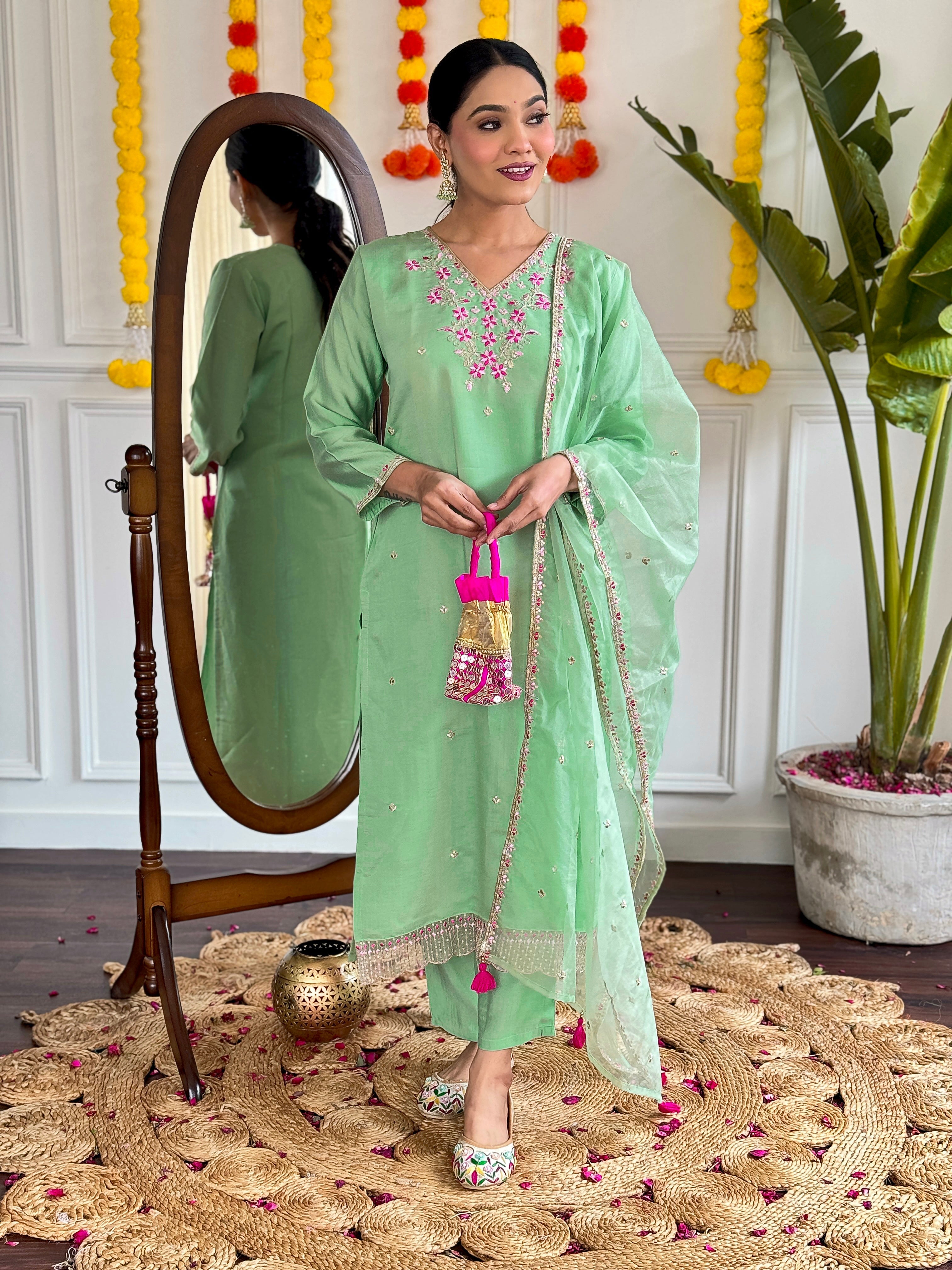 Women's Viscose Chanderi Embroidered Straight Kurta with Viscose Chanderi Pant & Organza work Dupatta Set