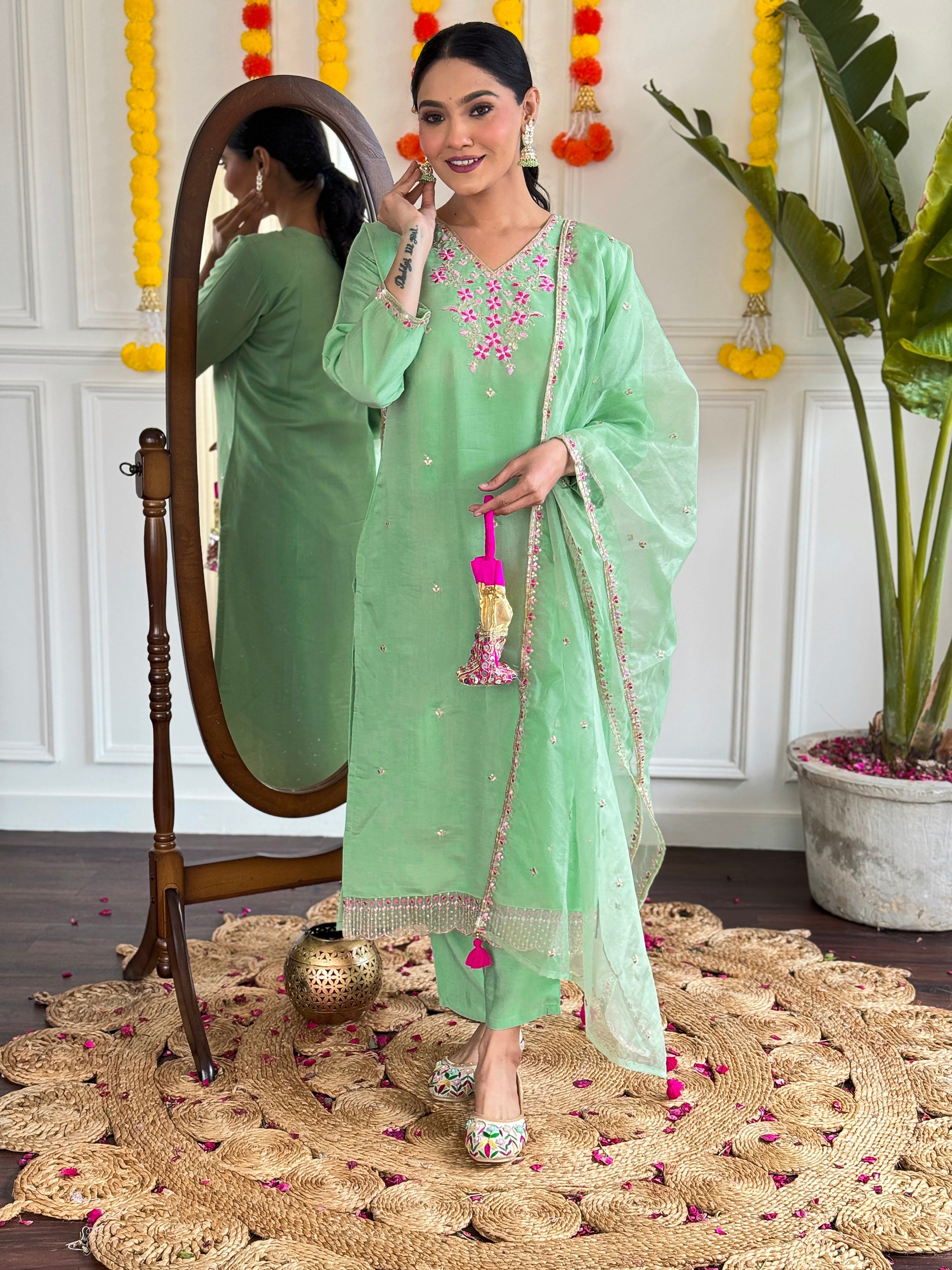 Women's Viscose Chanderi Embroidered Straight Kurta with Viscose Chanderi Pant & Organza work Dupatta Set