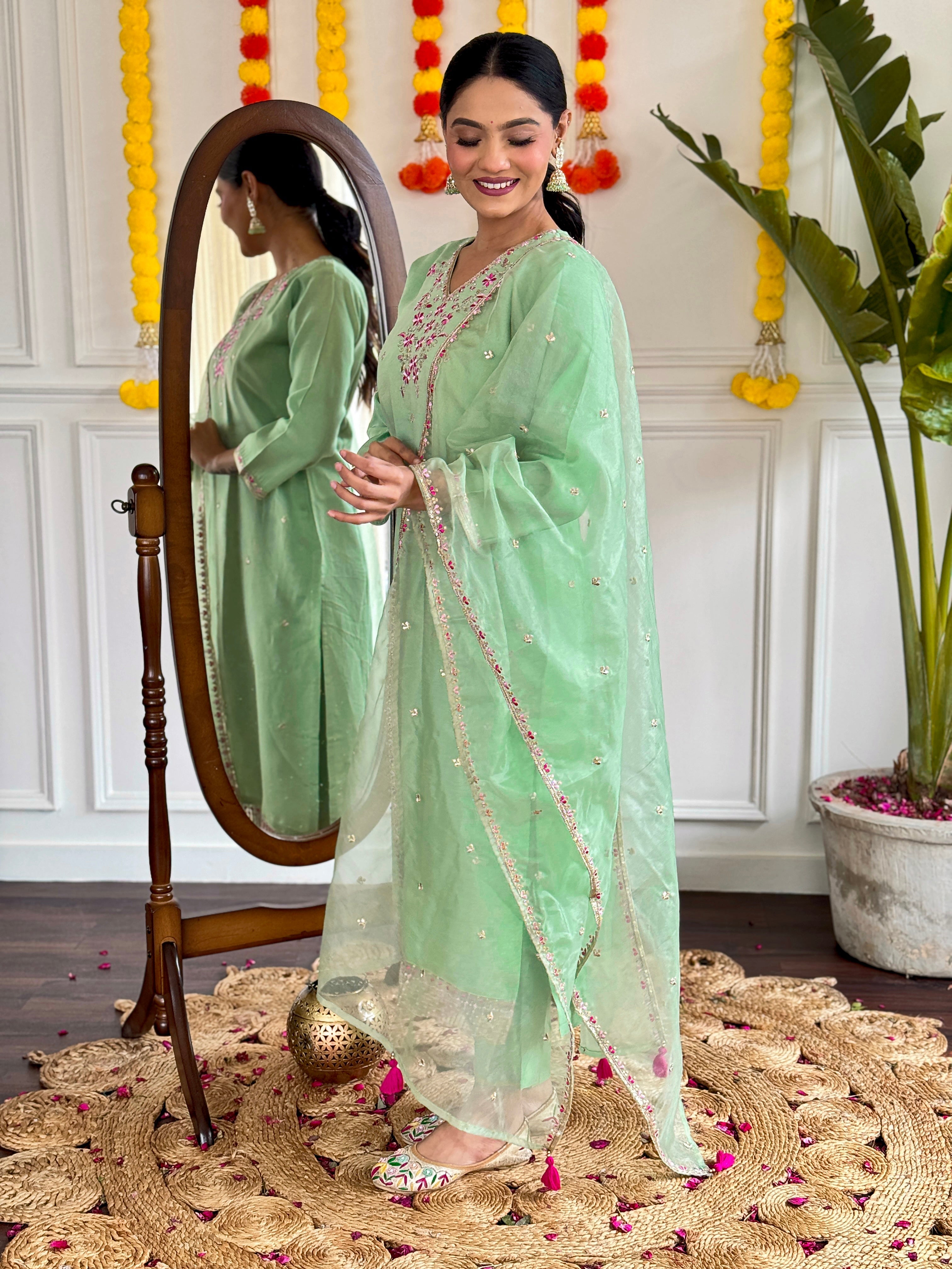 Women's Viscose Chanderi Embroidered Straight Kurta with Viscose Chanderi Pant & Organza work Dupatta Set