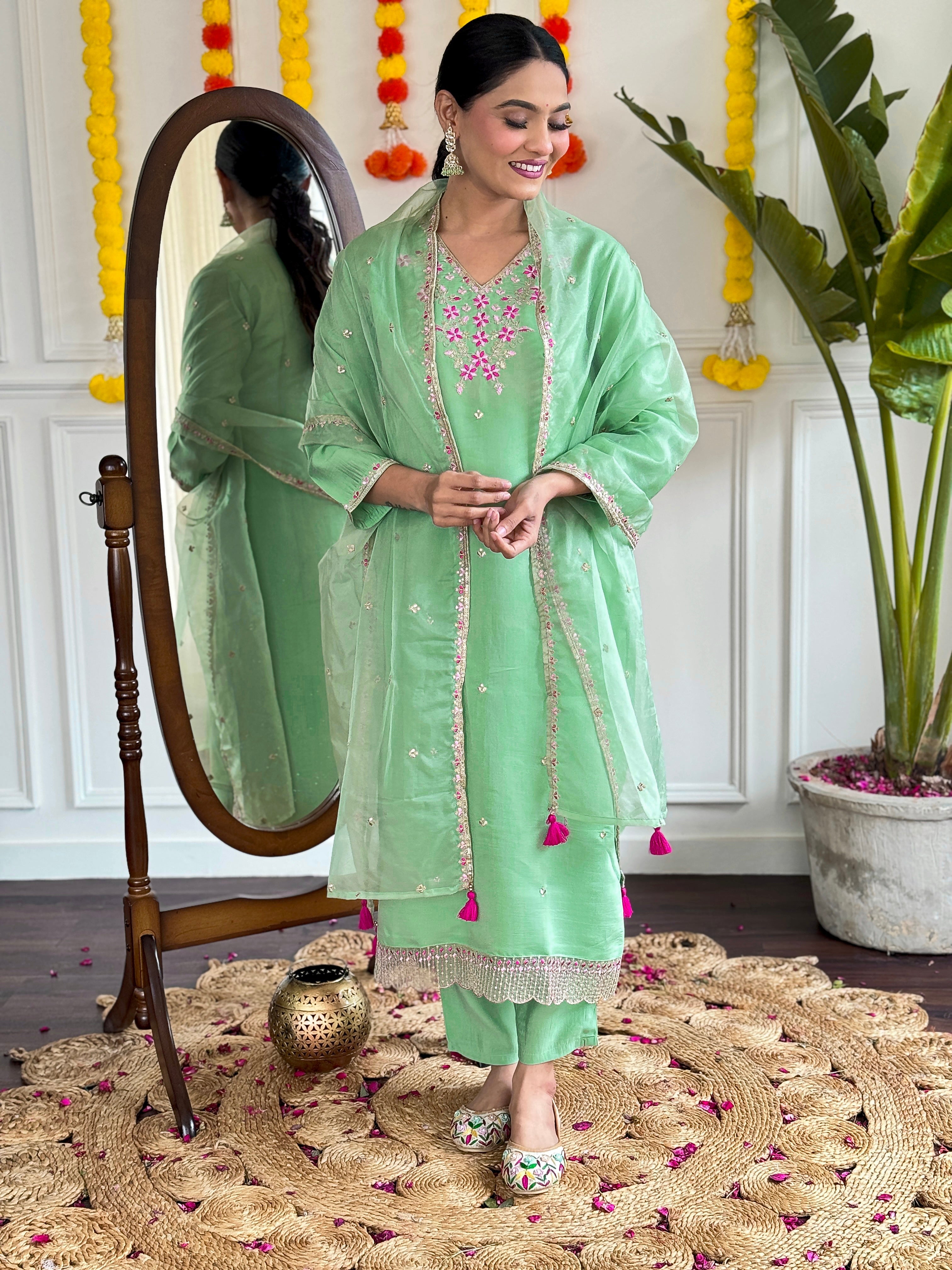 Women's Viscose Chanderi Embroidered Straight Kurta with Viscose Chanderi Pant & Organza work Dupatta Set