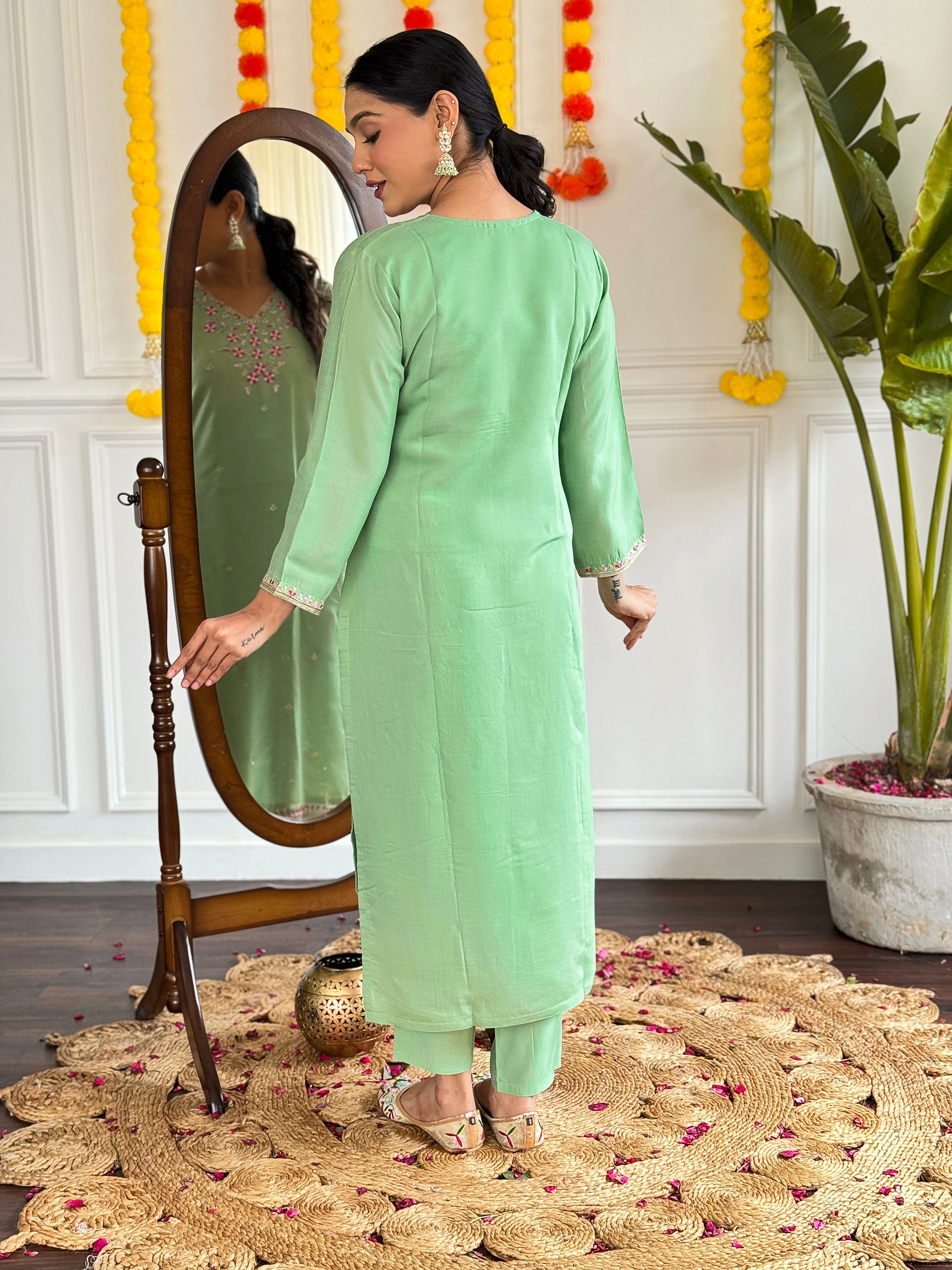 Women's Viscose Chanderi Embroidered Straight Kurta with Viscose Chanderi Pant & Organza work Dupatta Set