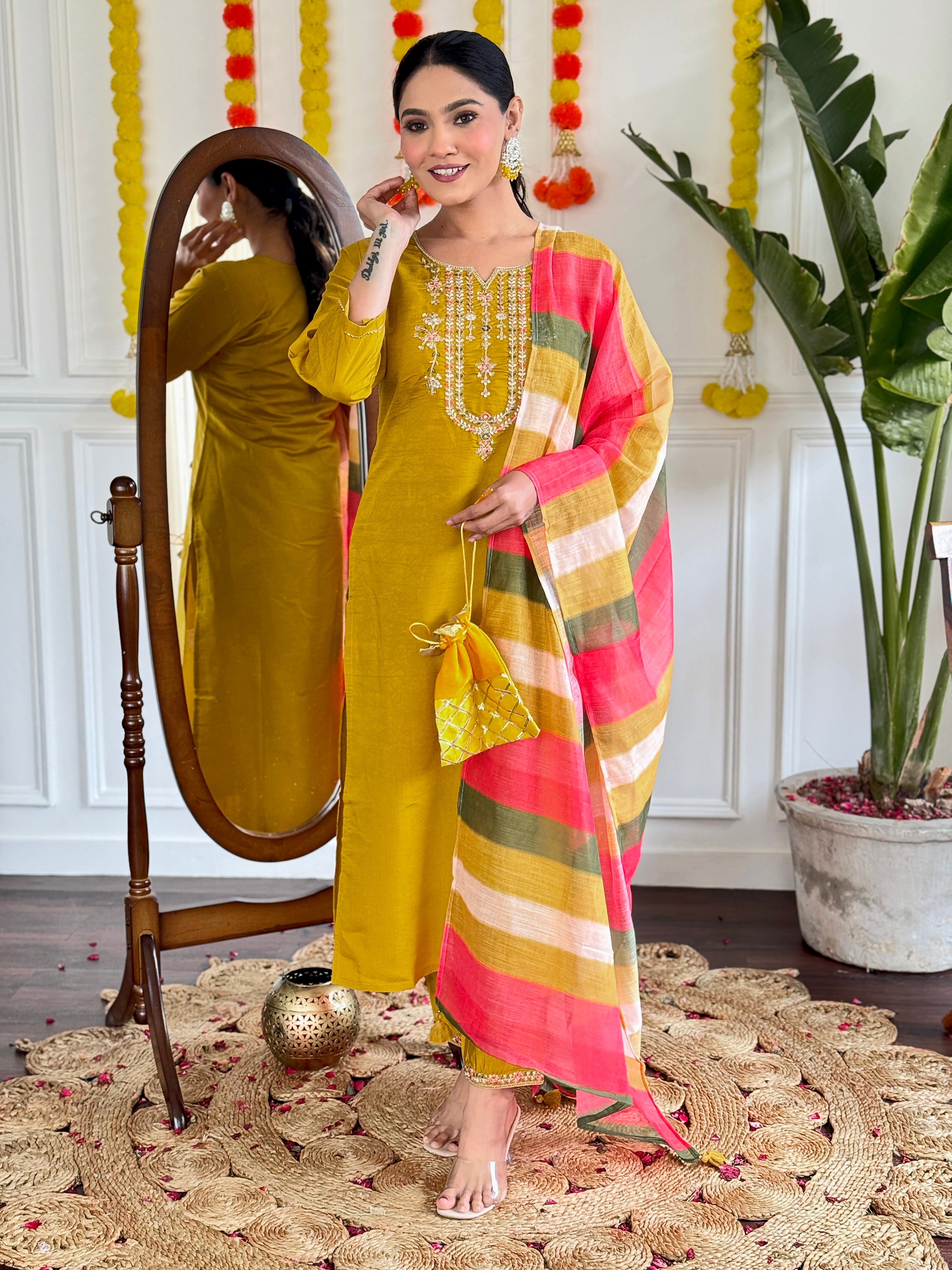Women's Viscose Chanderi Embroidered Straight Kurta with Viscose Chanderi Pant & Pure linen Printed Dupatta Set