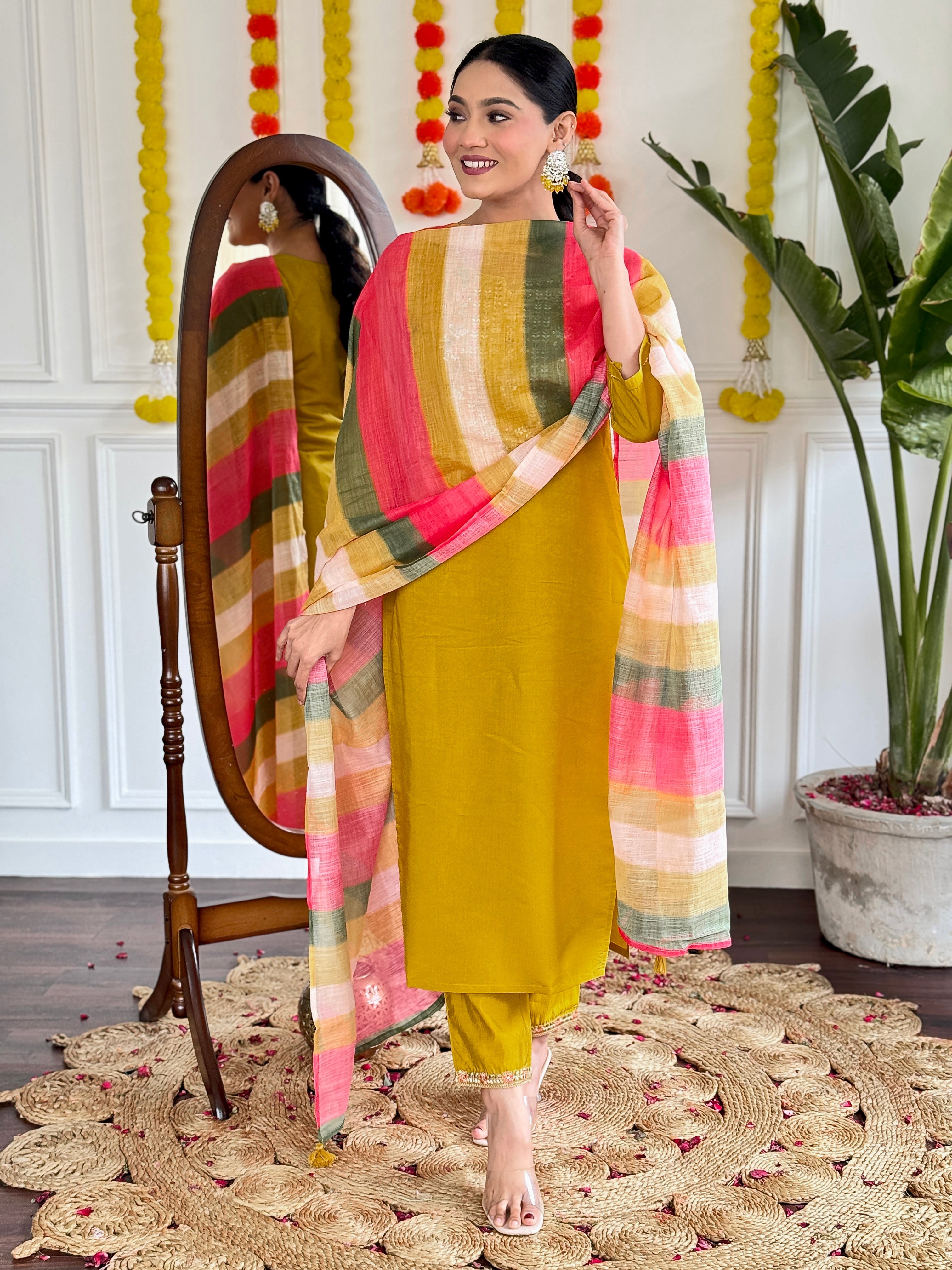 Women's Viscose Chanderi Embroidered Straight Kurta with Viscose Chanderi Pant & Pure linen Printed Dupatta Set