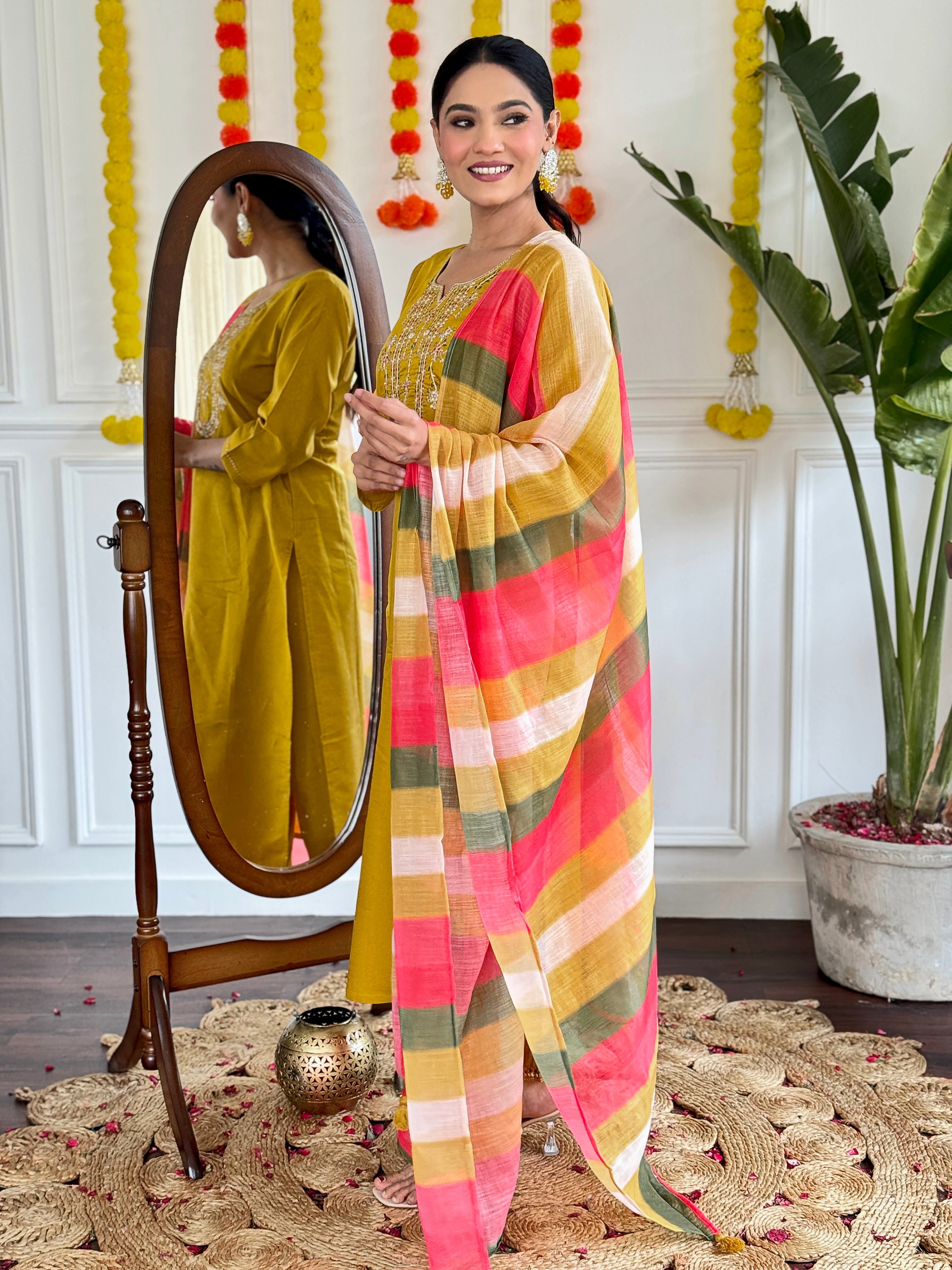 Women's Viscose Chanderi Embroidered Straight Kurta with Viscose Chanderi Pant & Pure linen Printed Dupatta Set