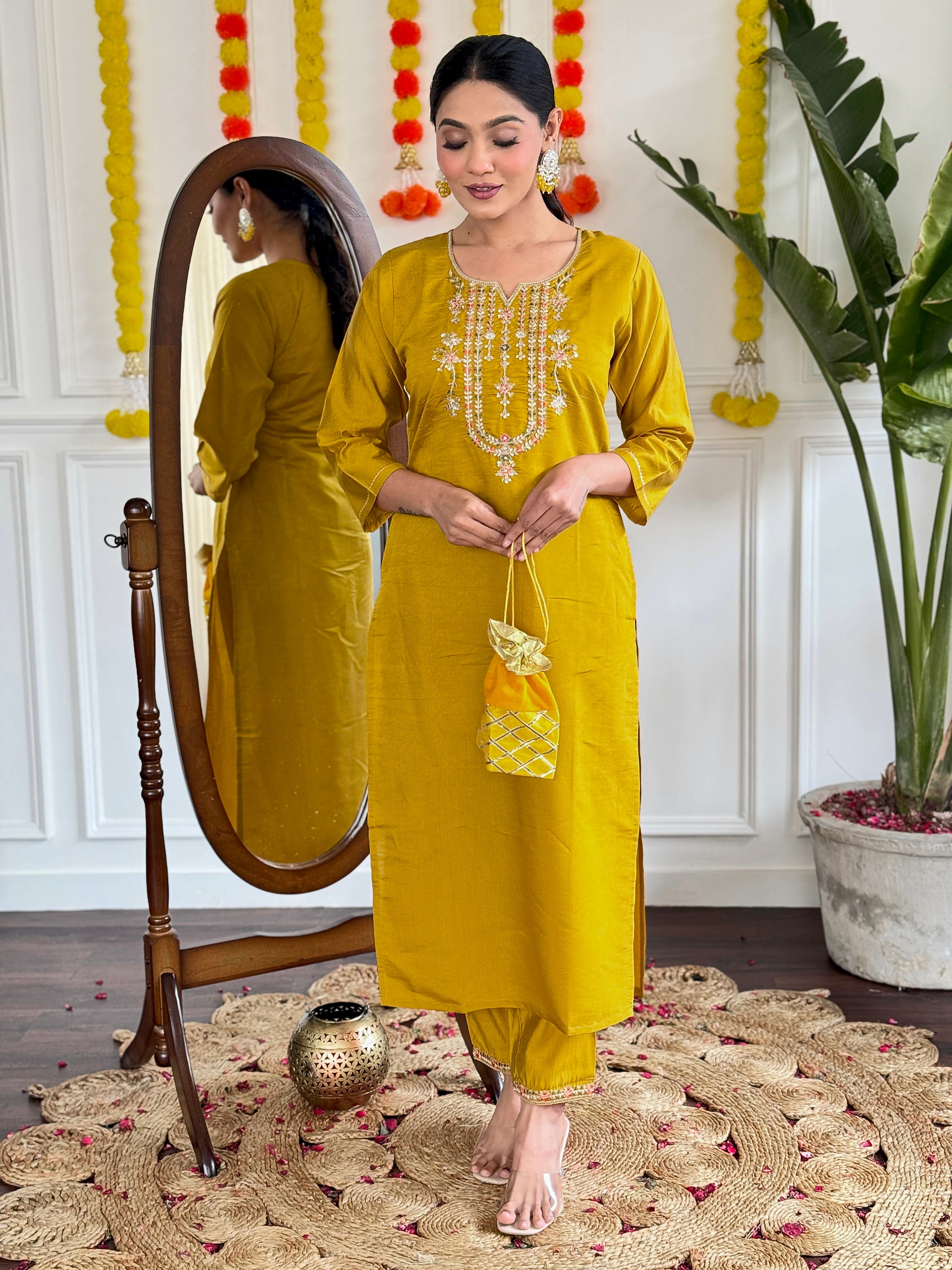 Women's Viscose Chanderi Embroidered Straight Kurta with Viscose Chanderi Pant & Pure linen Printed Dupatta Set