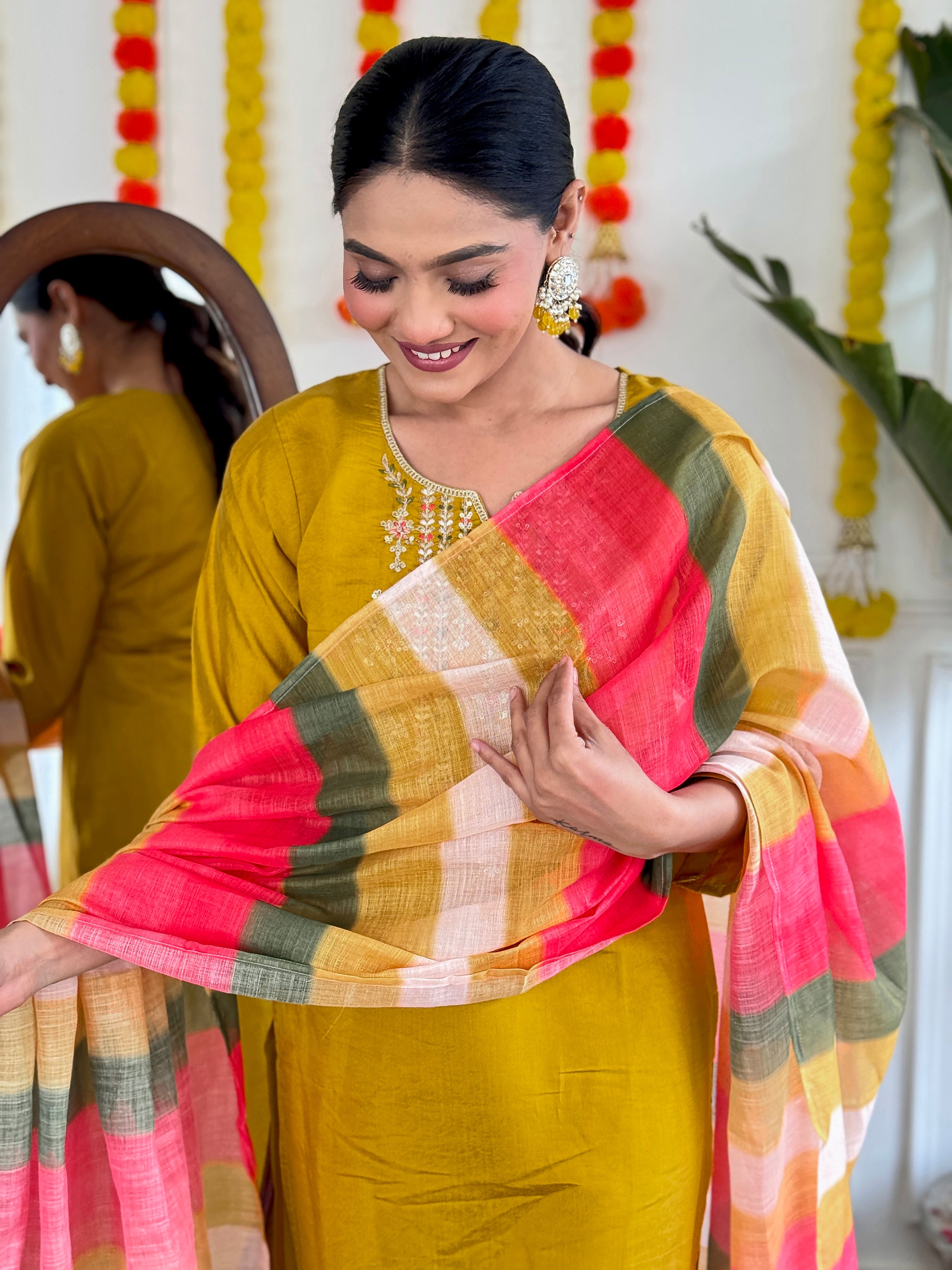 Women's Viscose Chanderi Embroidered Straight Kurta with Viscose Chanderi Pant & Pure linen Printed Dupatta Set