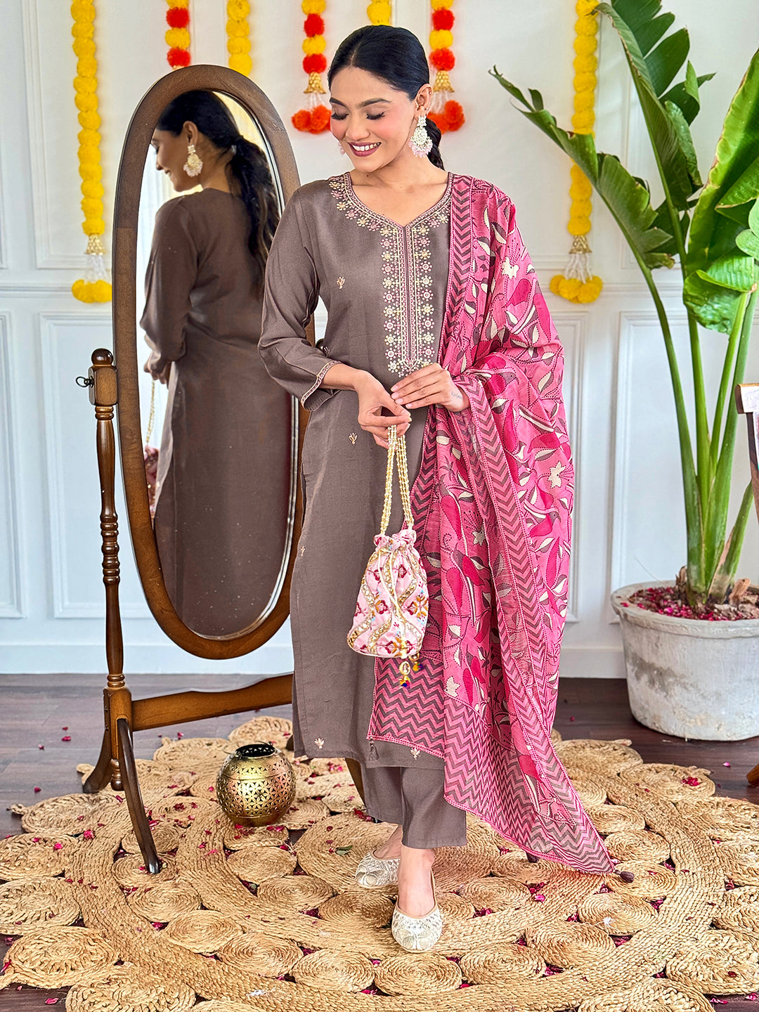 Women's Grey Viscose Chanderi Embroidered Straight Kurta with Viscose Chanderi Pant & PURE Linen Printed Dupatta Set